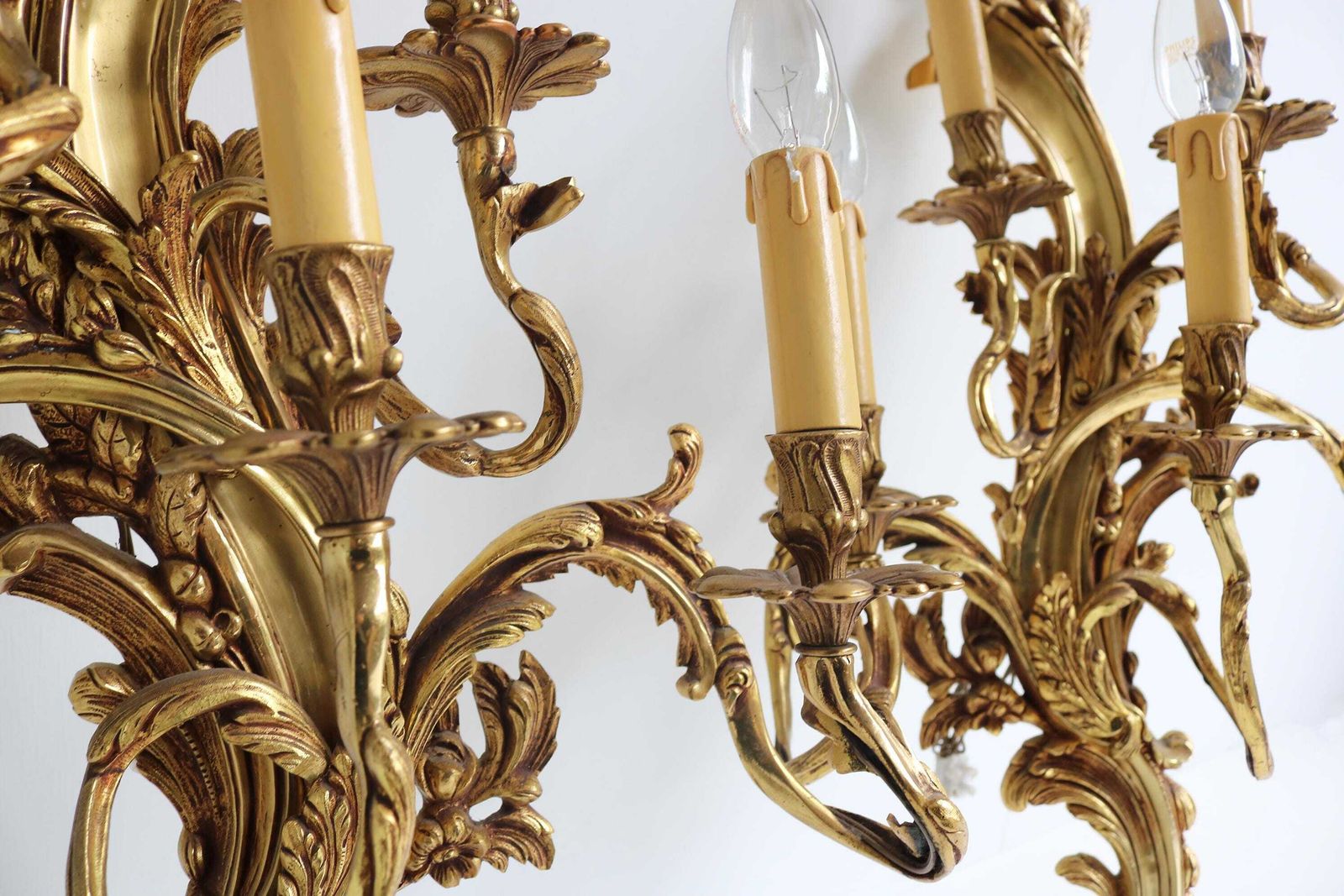 Couple Monumental French Gilt Brass Wall Sconces Appliques Pair Of French Louis XV Style Wall Lamps Antique Style Wall Lights Chateau 1960s photo buy