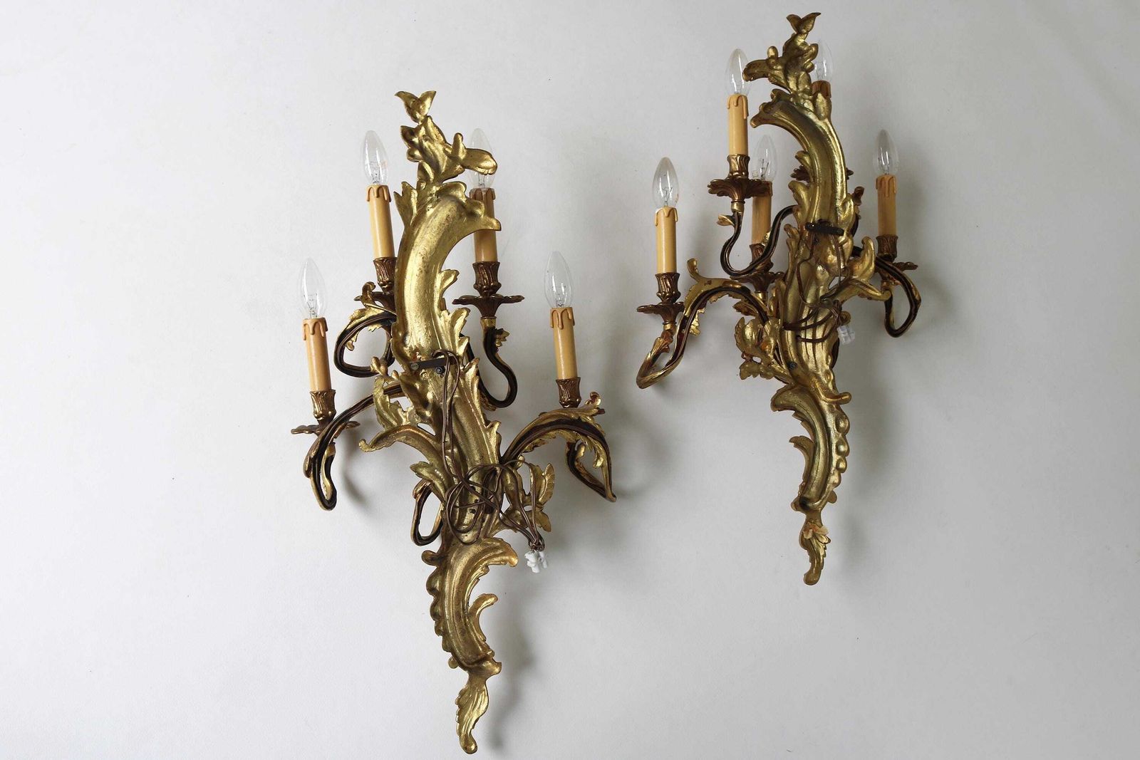 photo for sale Couple Monumental French Gilt Brass Wall Sconces Appliques Pair Of French Louis XV Style Wall Lamps Antique Style Wall Lights Chateau 1960s