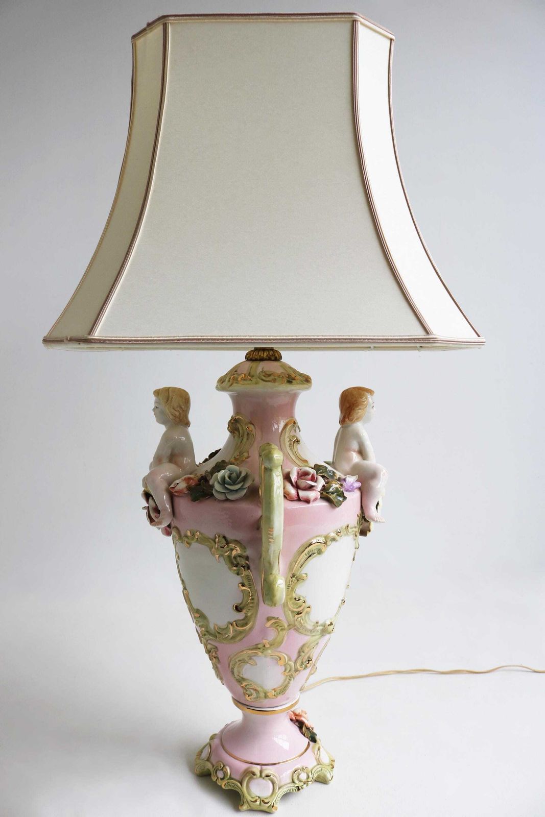 Capodimonte Porcelain Cherubs Vintage Large Table Lamp, Mid Century Floral Desk Lamp Marked "994 Made In Italy" 1950s photo vintage