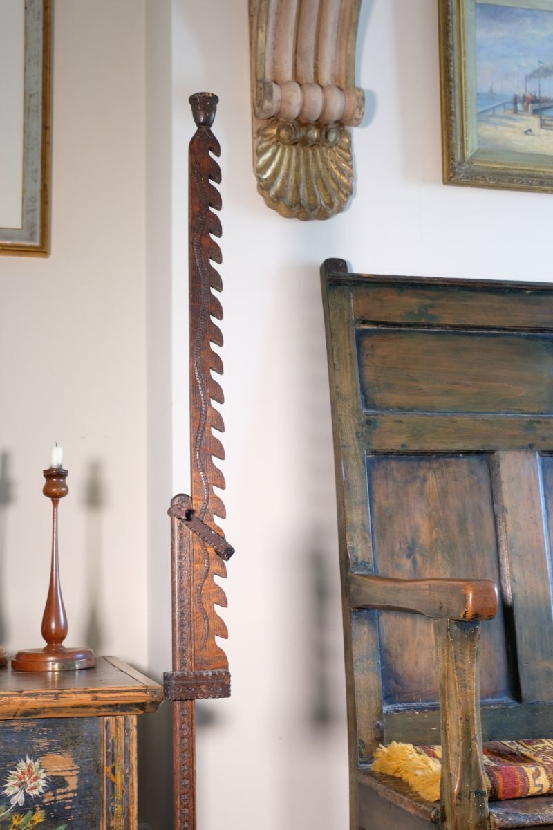 Rare Arts & Crafts Carved Oak Adjustable Candle Stand photo vintage