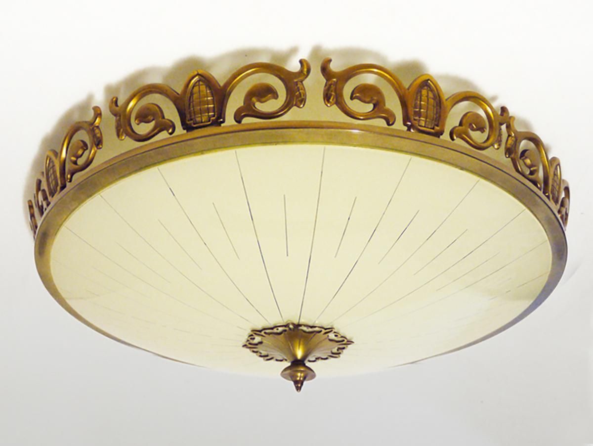 Art Nouveau / Art Deco Flush Mount Chandelier Glass & Brass By Kaiser 1930s photo for sale