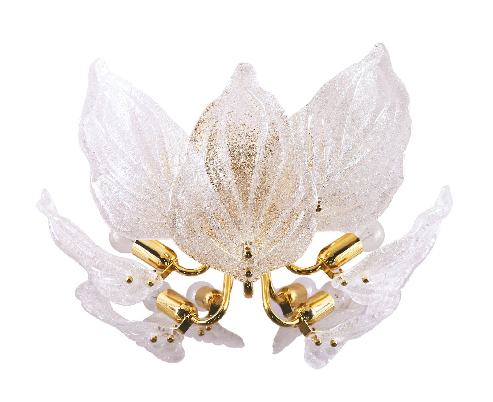 1 'Of 2' Leaf Flush Mount Chandelier Murano Glass & Brass By Novaresi Italy 1970 photo vintage