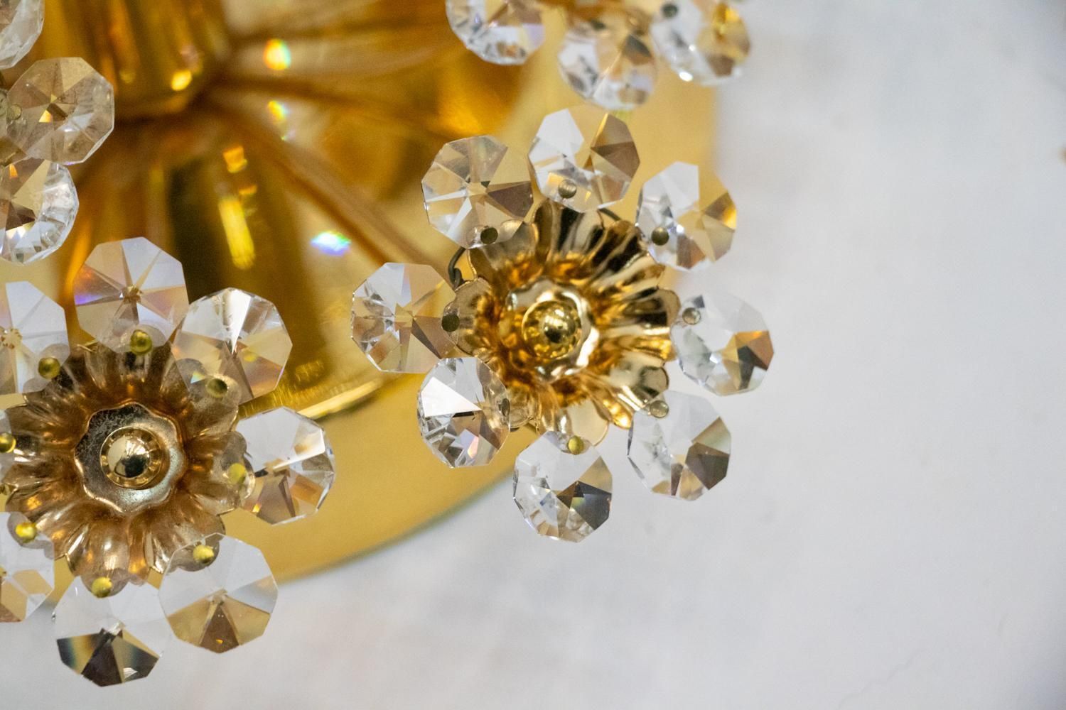Pair Of Gold Plated Brass And Crystal Glass Wall Lamps Sconces By Palwa, 1960 photo for sale