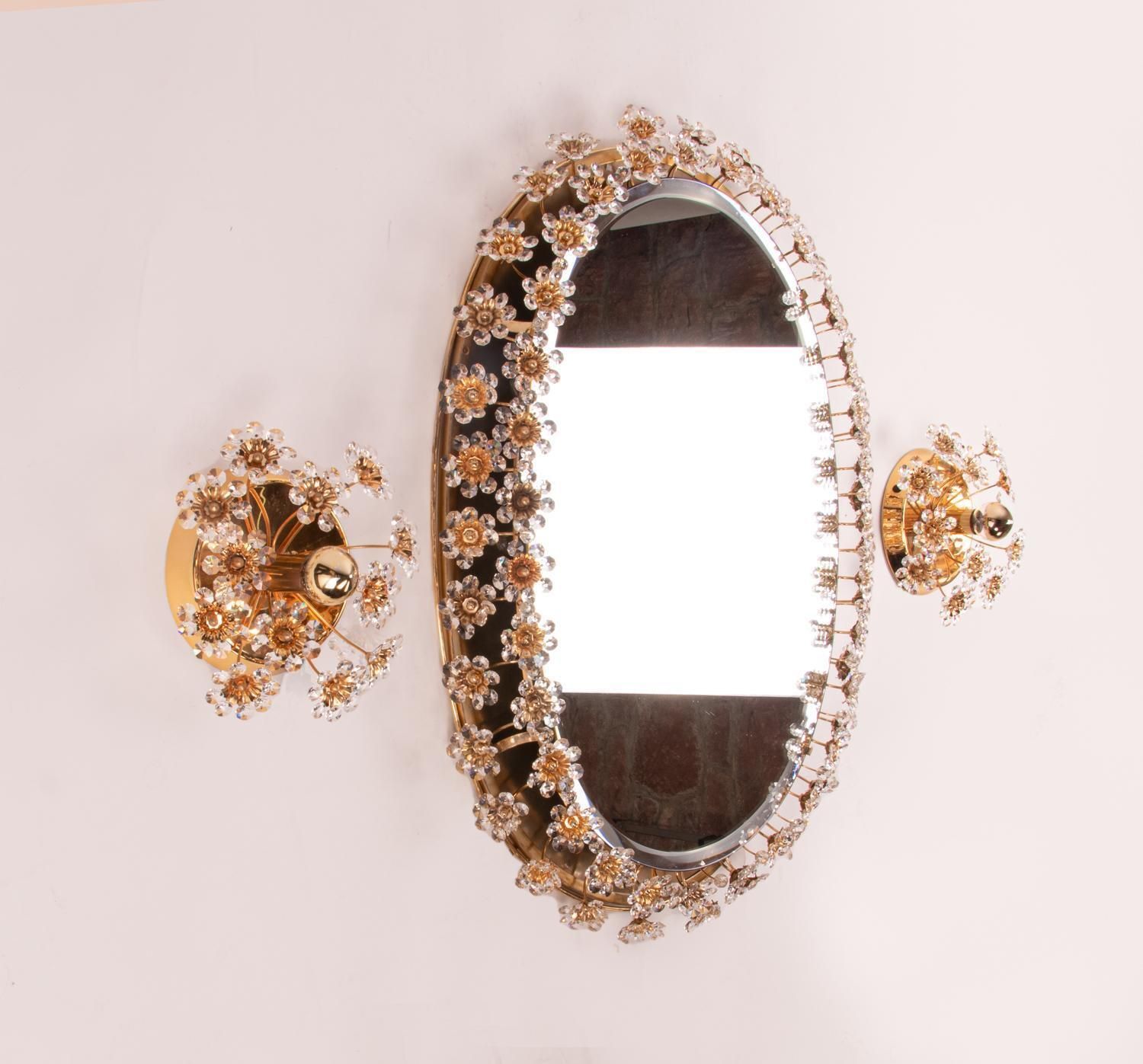 photo furniture Pair Of Gold Plated Brass And Crystal Glass Wall Lamps Sconces By Palwa, 1960