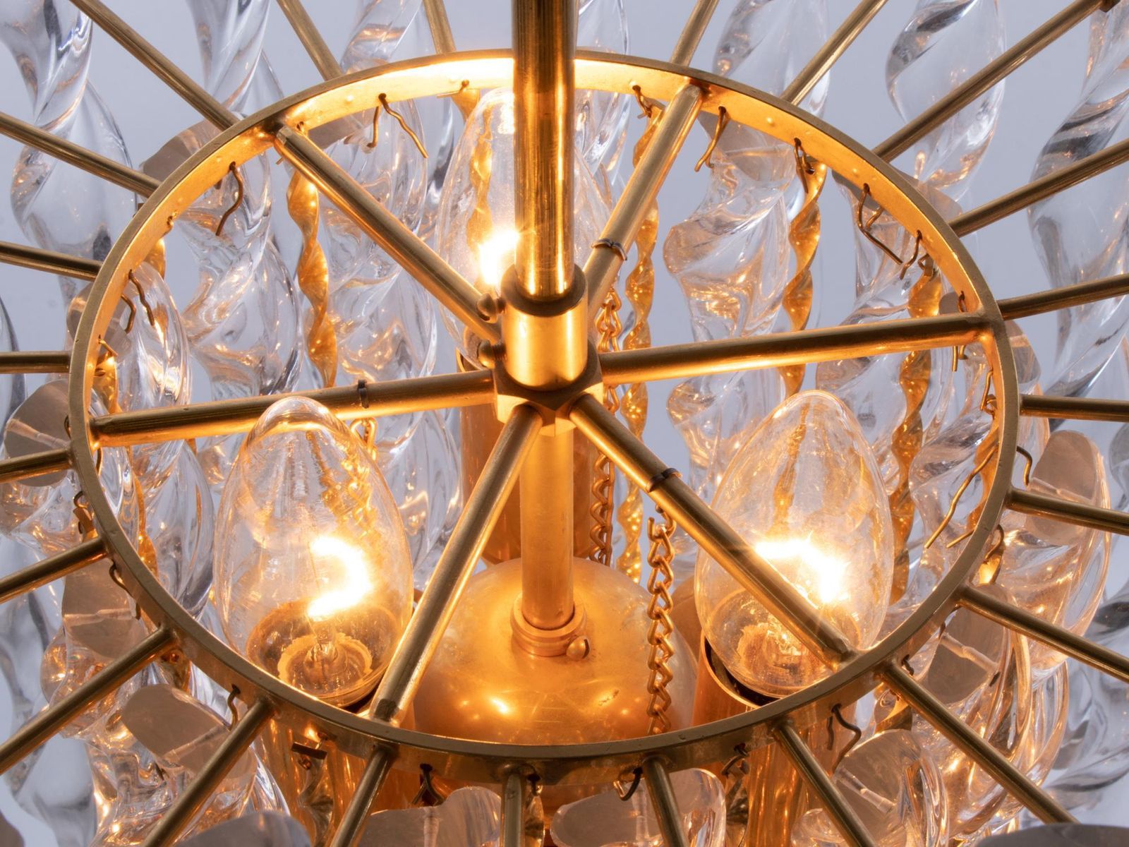 1960 Germany Palwa Tendril Ribbon Chandelier Crystal Glass & Gilt Brass photo vintage