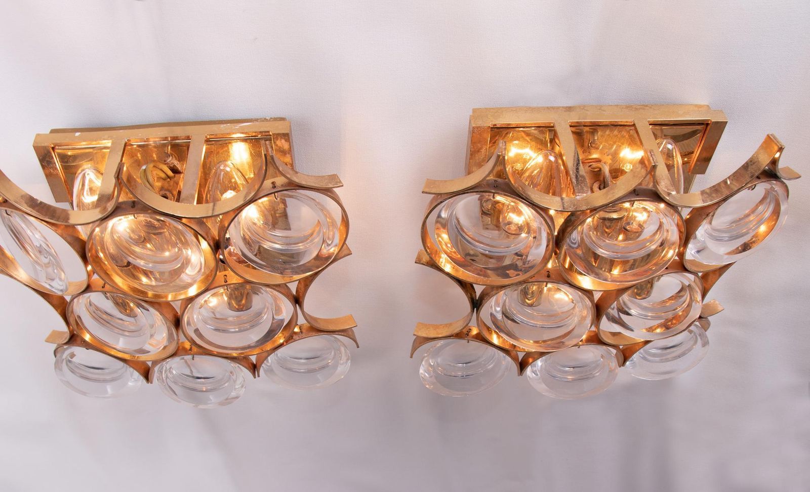 Pair Of Palwa Wall Sconces Gold Plated  Brass & Crystal Glass, 1960s photo Lighting