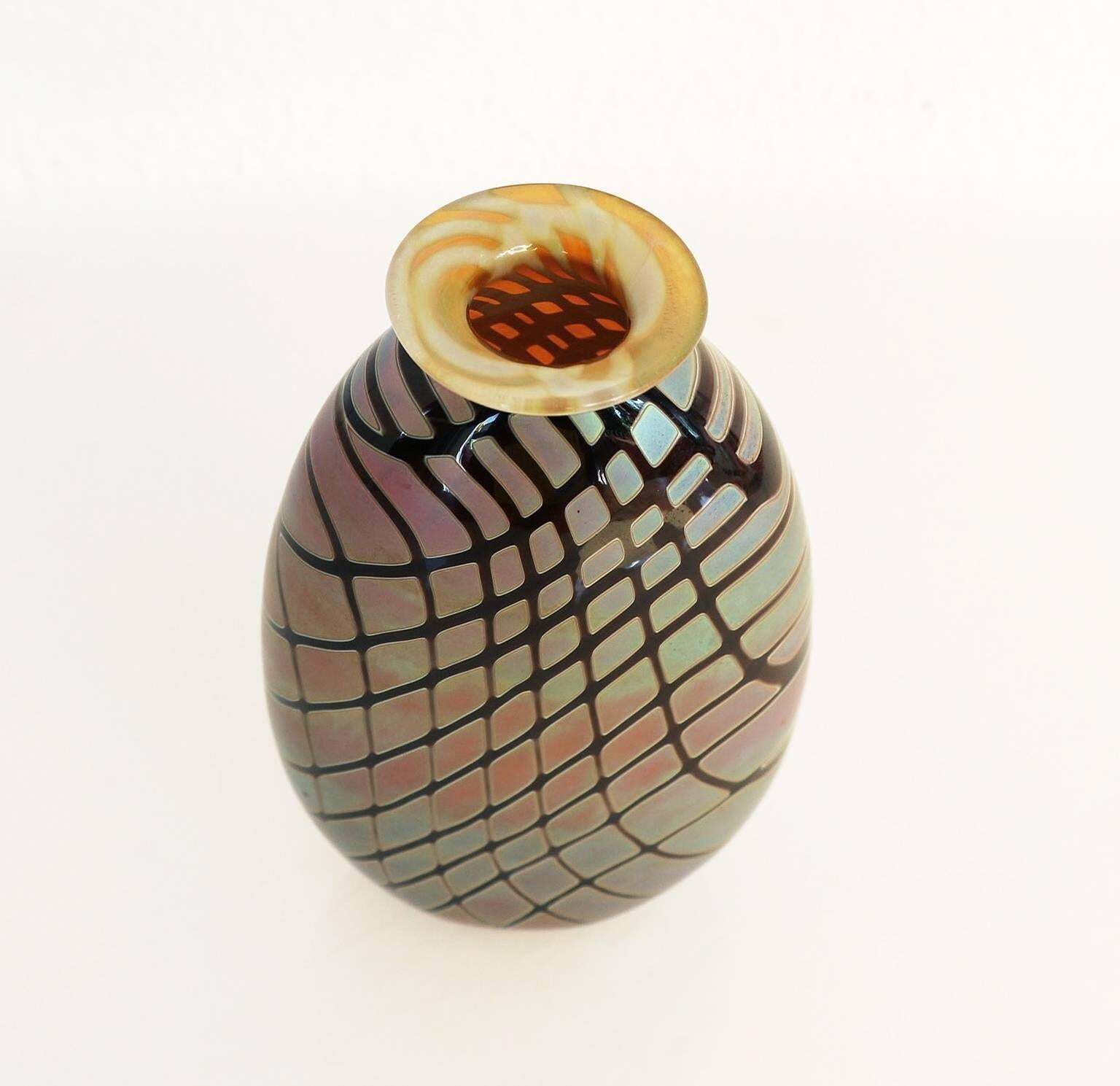Iridescent Oval Art Glass Vase With Lip By Craig Zweifel, 2003, Signed photo for sale