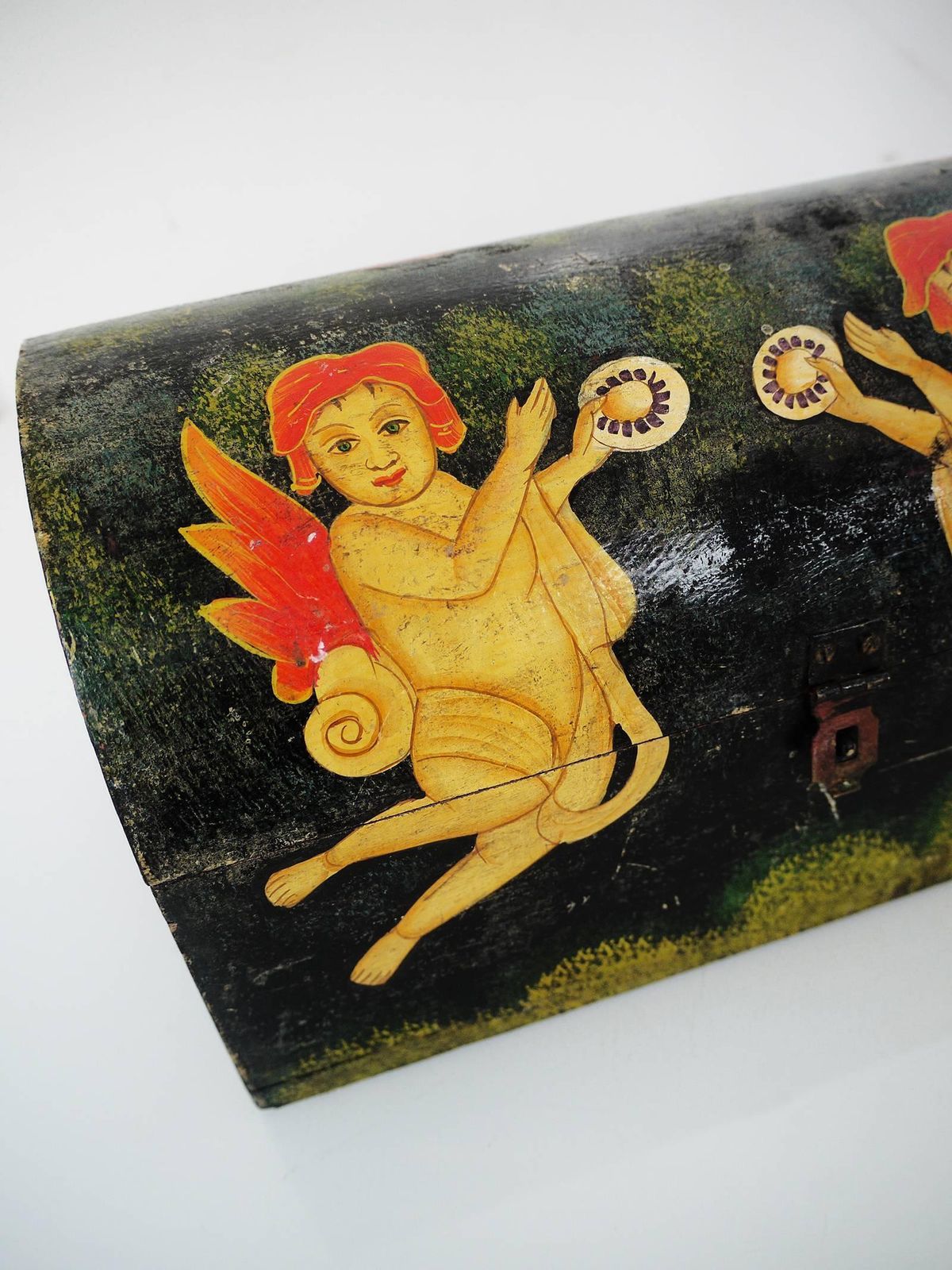European 19th Century Painted Wooden Dome Top Box Folk Art photo Home Decor