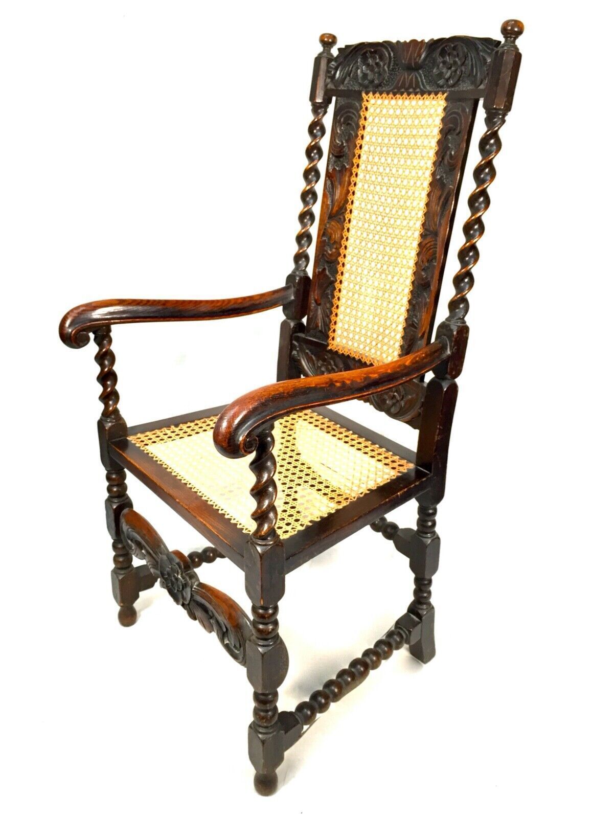 Antique 18th Century Furniture Wooden Oak Carved Arm Chair With Cane Back & Seat photo for sale