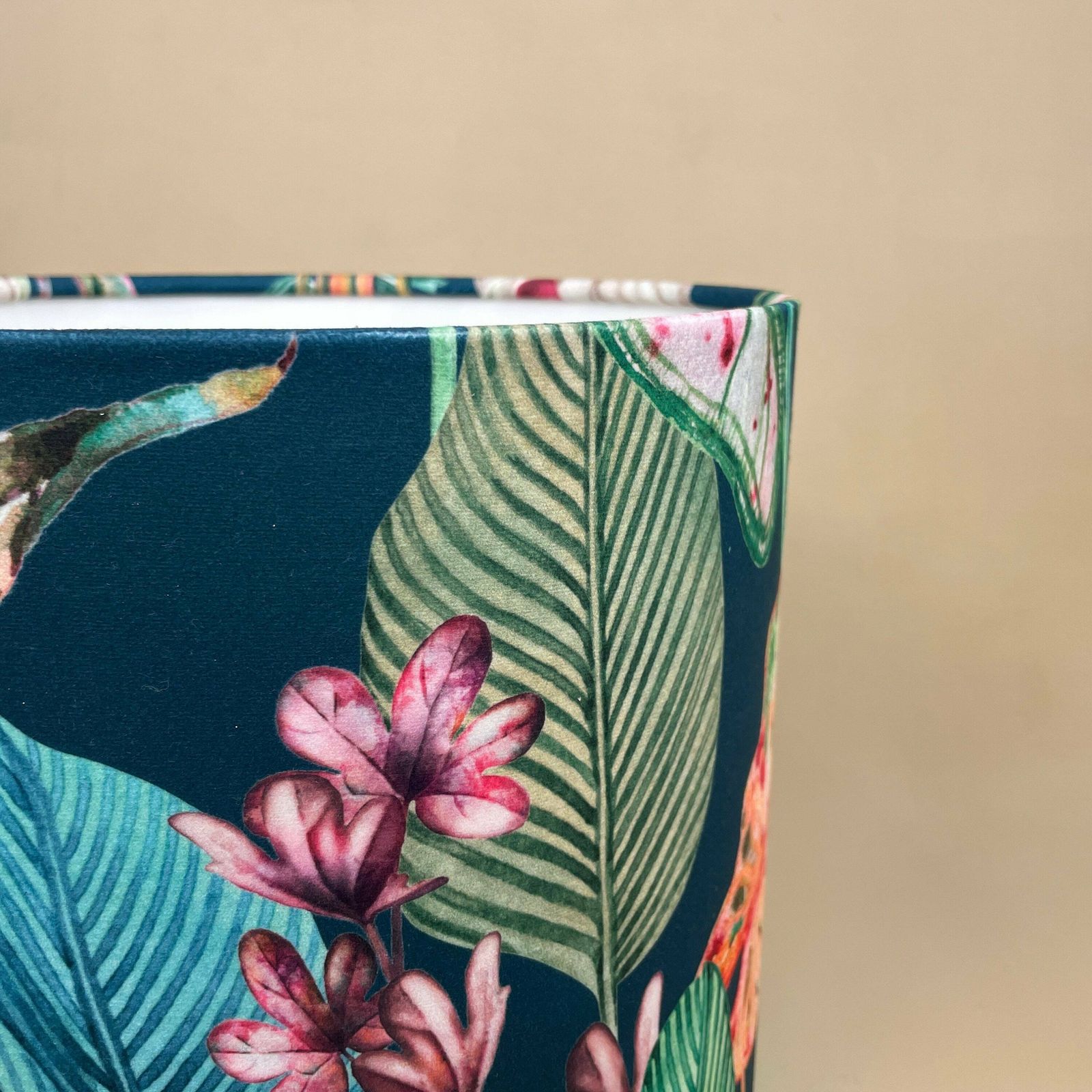 Tropical Printed Velvet Lamp Shade Lampshade Ceiling Lightshade Drum Cylinder Fabric Textile Medium Rain Forest Floral Pattern Green Blue photo vinterior