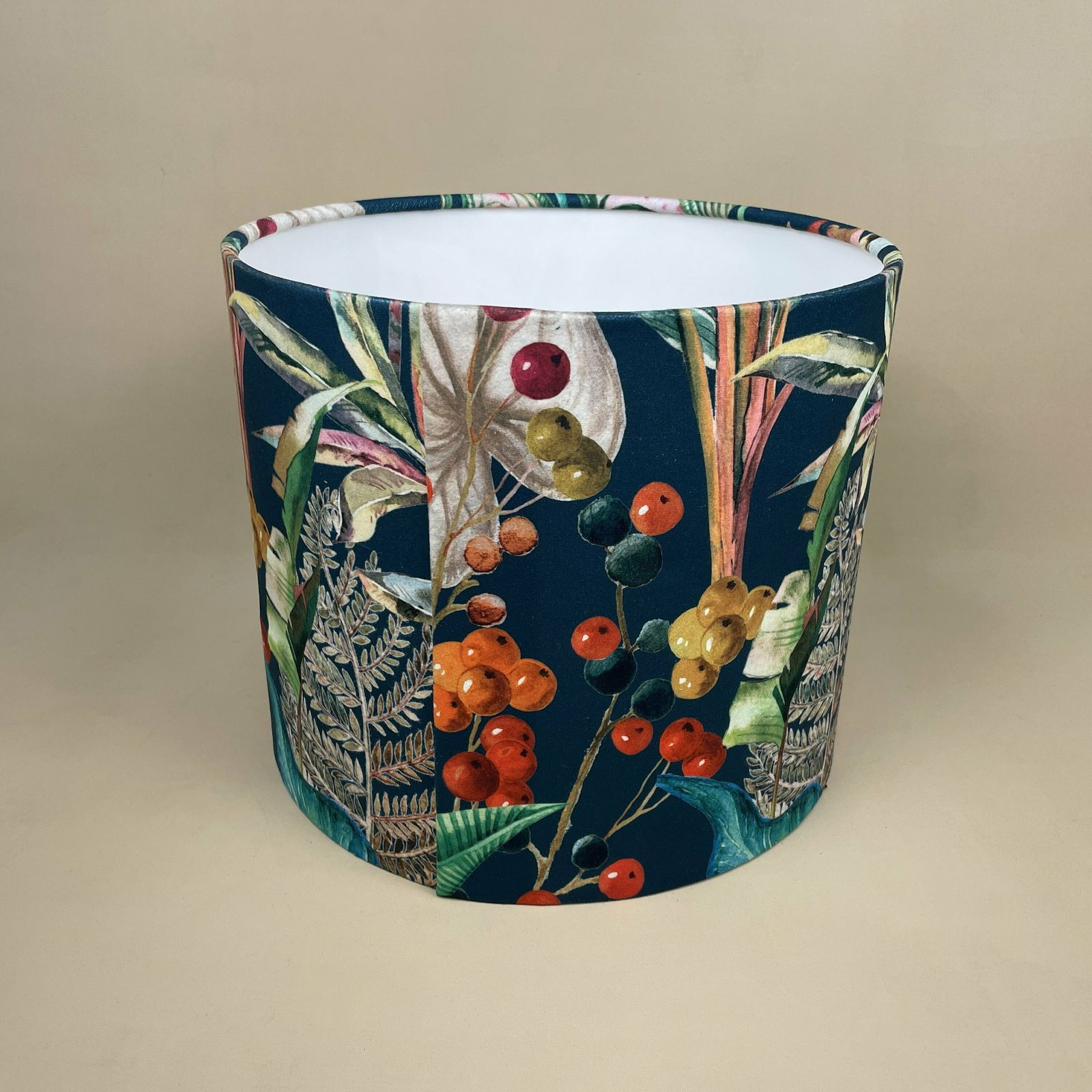 photo for sale Tropical Printed Velvet Lamp Shade Lampshade Ceiling Lightshade Drum Cylinder Fabric Textile Medium Rain Forest Floral Pattern Green Blue