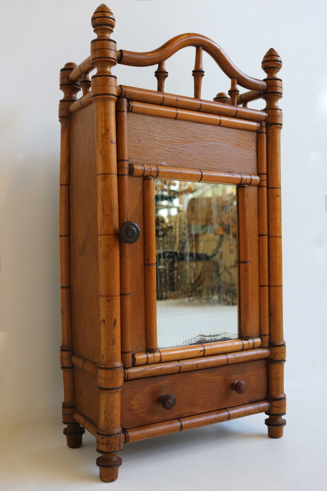 Small Antique Faux Bamboo Miniature Cabinet With Distressed Mirror French Miniature Armoire 1920s Doll's Armoir photo vinterior