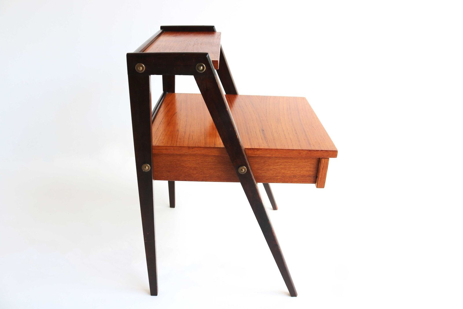 Danish Modern Teak Nightstand Mid Century End Table Compass Legs Bedside Table Two Tiers Drawer Side Table Bedside Cabinet