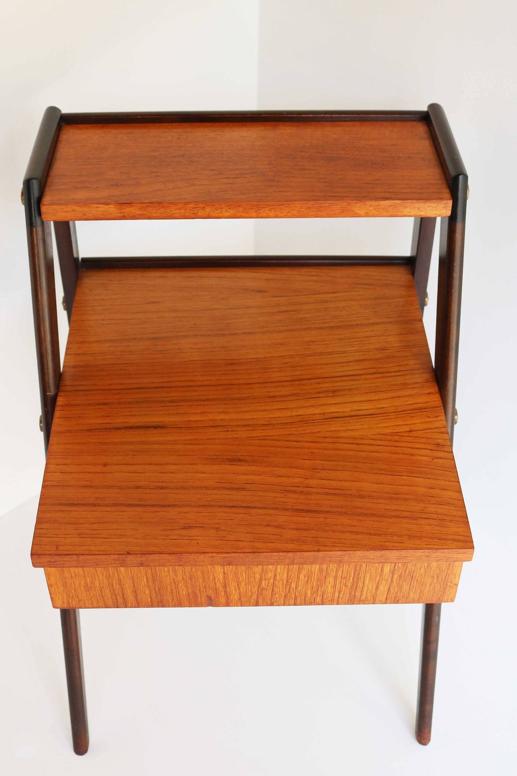 Danish Modern Teak Nightstand Mid Century End Table Compass Legs Bedside Table Two Tiers Drawer Side Table Bedside Cabinet photo 607.0