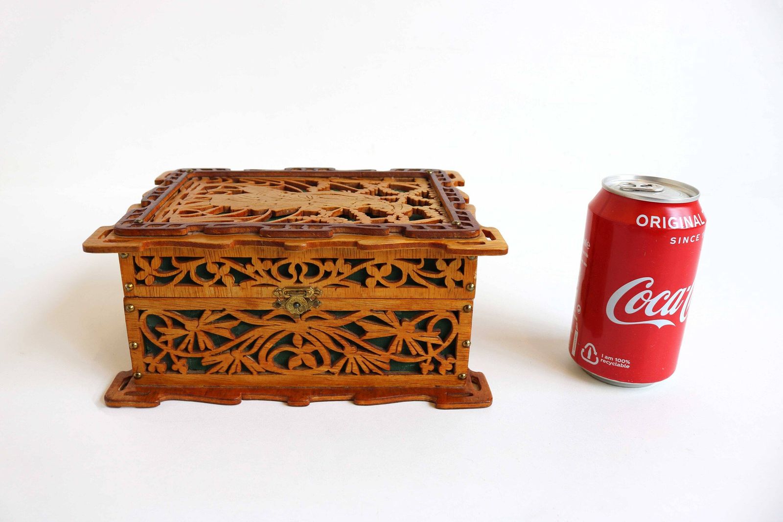 photo for sale Homemade Black Forest Openwork Carved Wooden Jewelry Box 1950s Wood Storage Box Jugendstil Style Jigsawn Box Green Velvet Flower Details