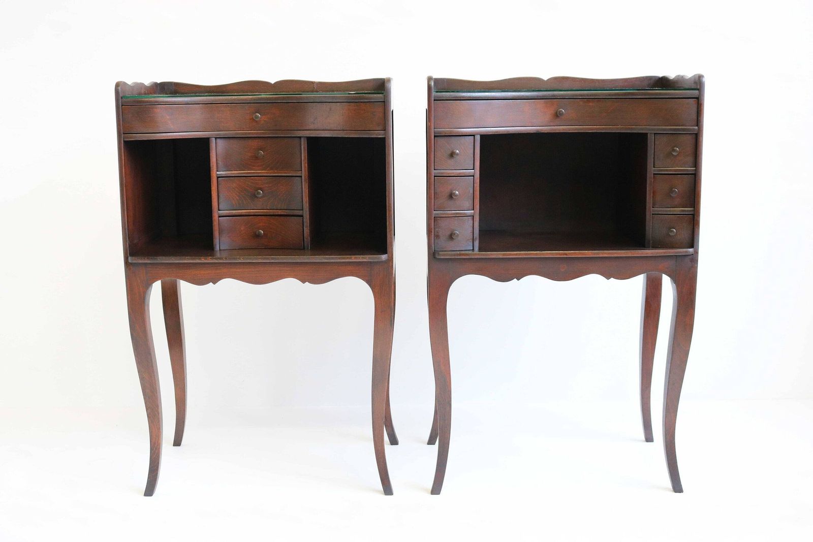Beautiful Couple Curved French Louis XV Style 19th Century Wooden Bedside Tables With Open Shelf Small Drawers Glass On Tops Antique Style photo for sale