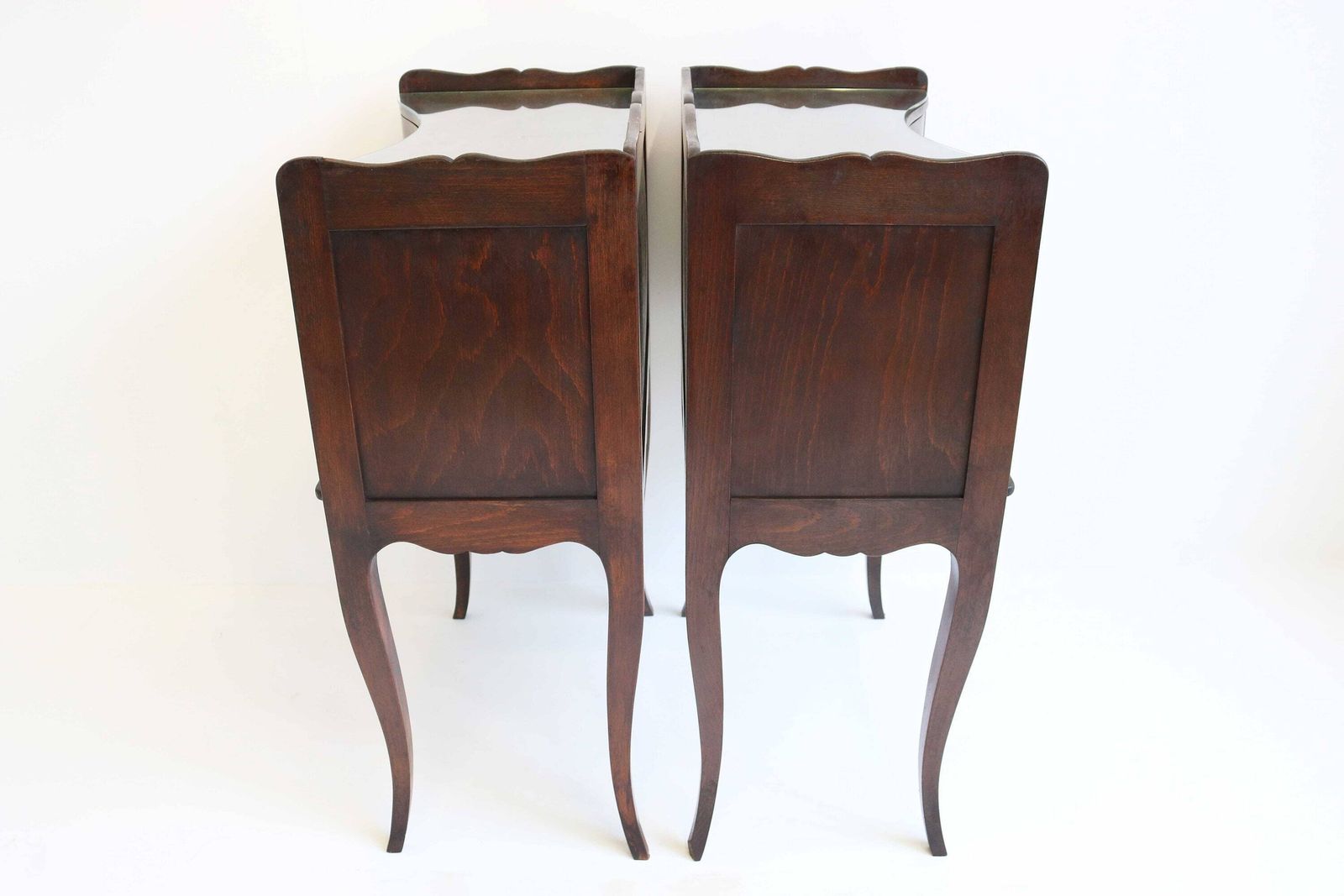 Beautiful Couple Curved French Louis XV Style 19th Century Wooden Bedside Tables With Open Shelf Small Drawers Glass On Tops Antique Style photo vintage