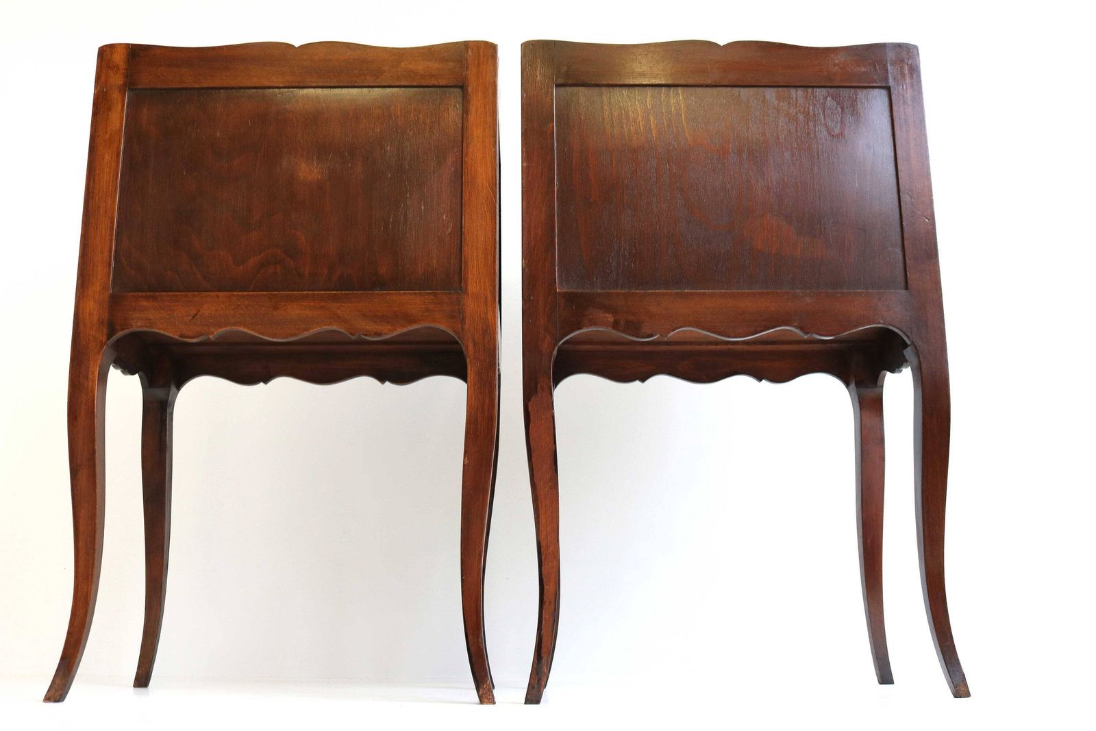 photo for sale Beautiful Couple Curved French Louis XV Style 19th Century Wooden Bedside Tables With Open Shelf Small Drawers Glass On Tops Antique Style
