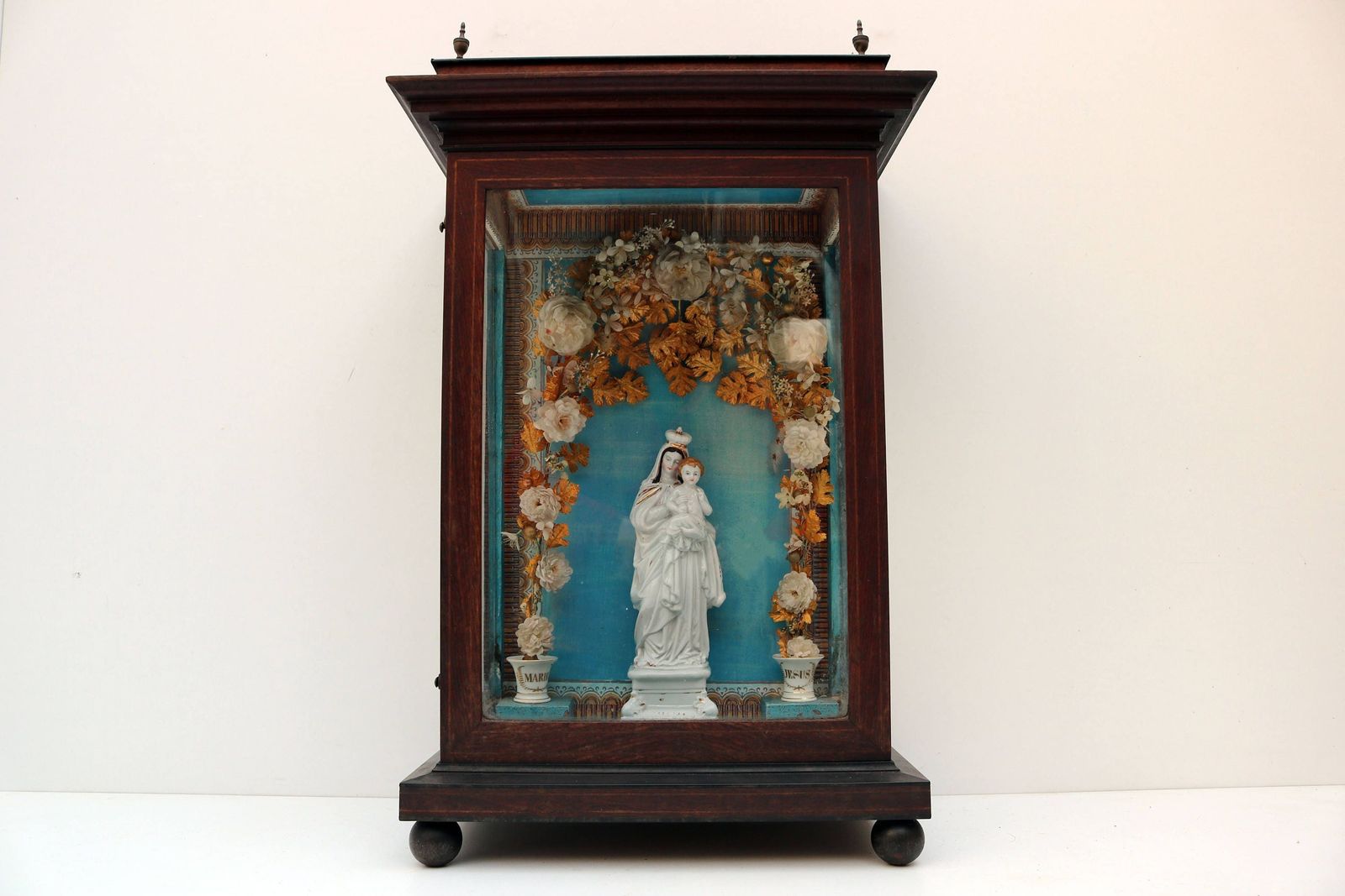 19th Century Display Cabinet Shrine Virgin Mary In Porcelain Flowers In Porcelain Vase 1800  1900