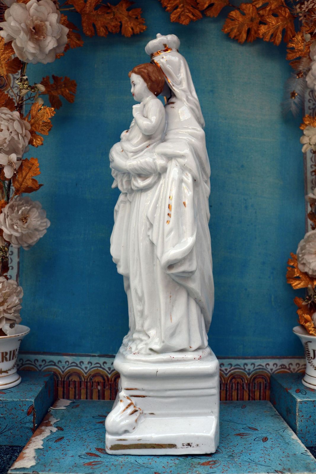 19th Century Display Cabinet Shrine Virgin Mary In Porcelain Flowers In Porcelain Vase 1800  1900 photo Furniture
