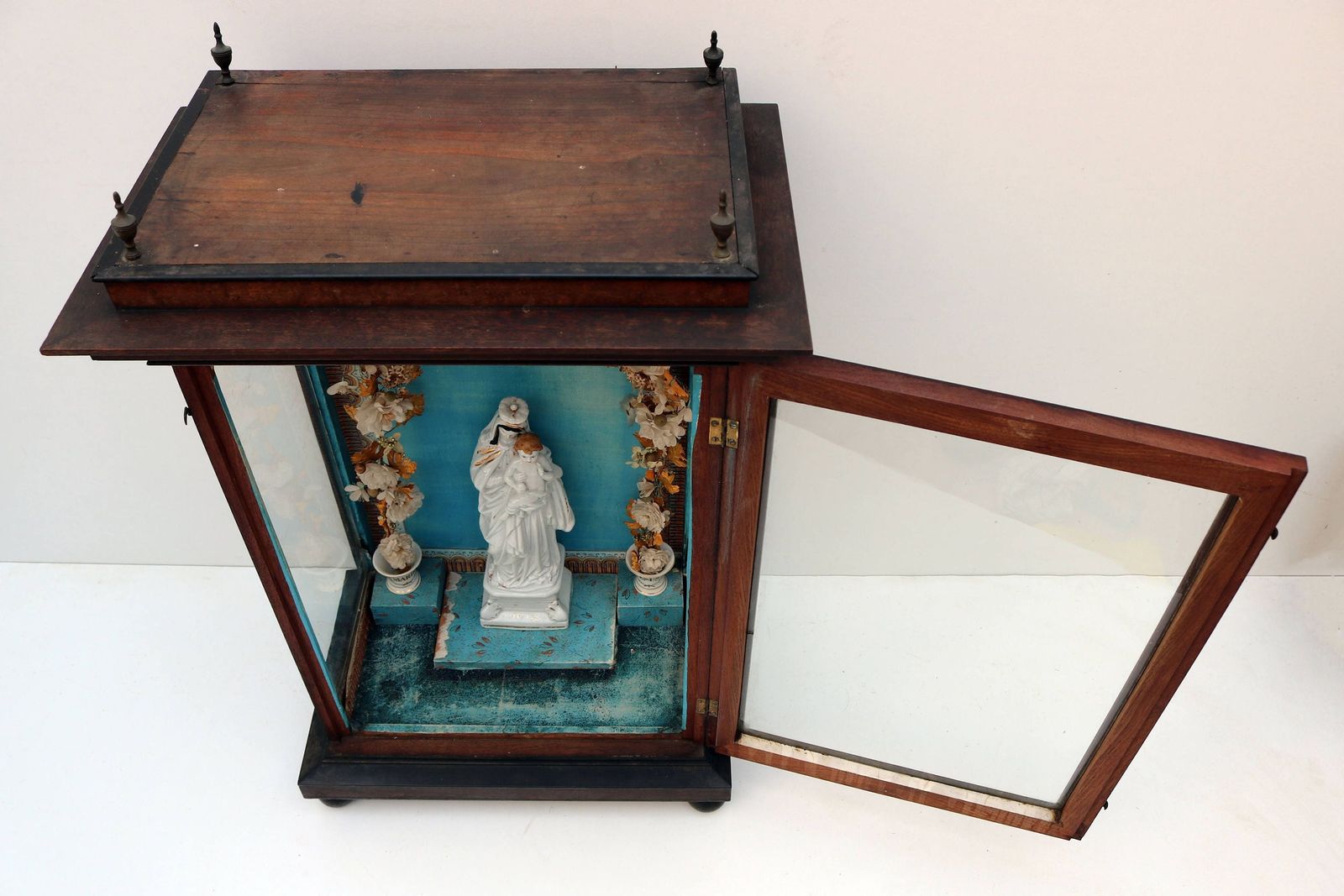 19th Century Display Cabinet Shrine Virgin Mary In Porcelain Flowers In Porcelain Vase 1800  1900 photo buy
