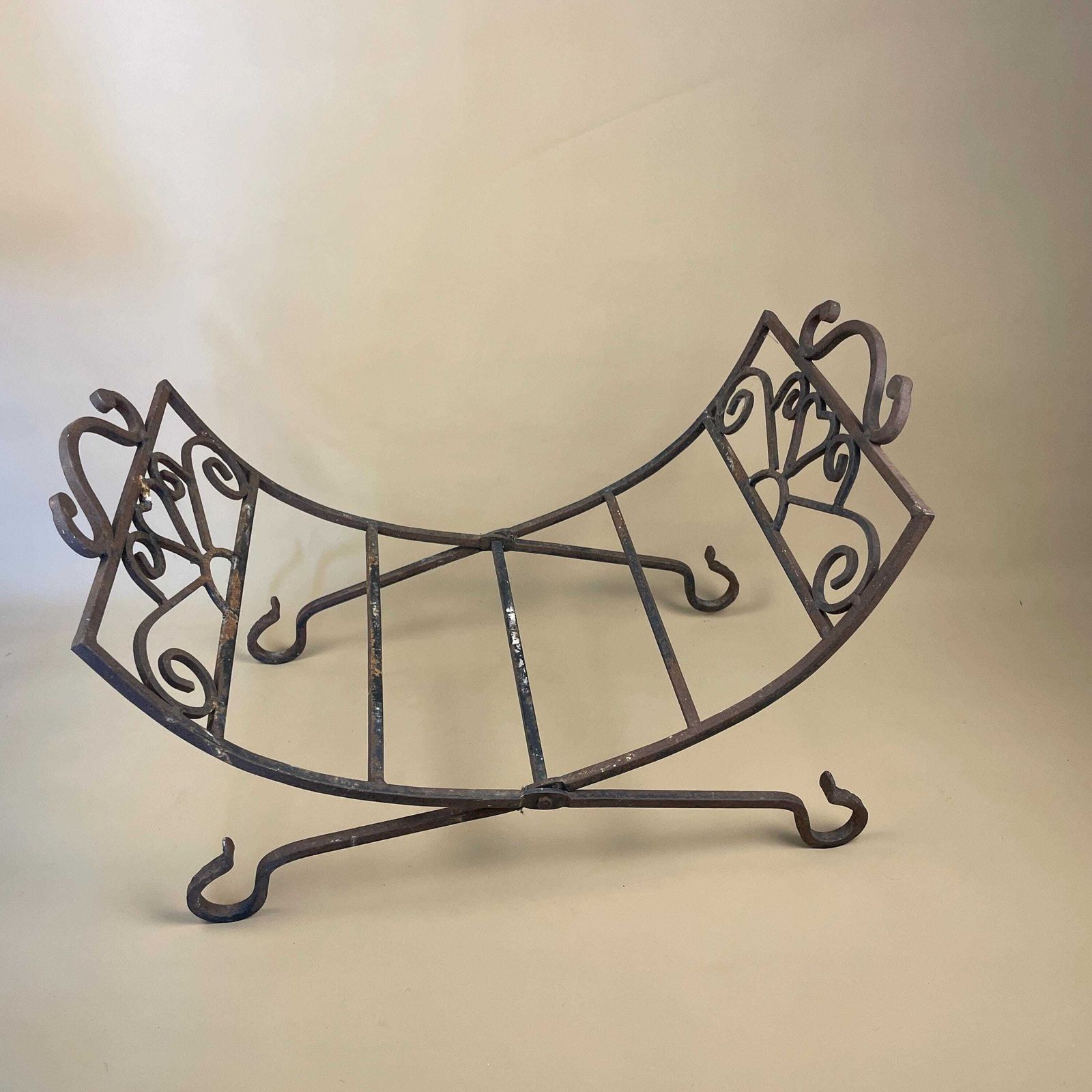 Antique Log Rack Storage Holder Fold Out Black Metal Wood Display Fireplace Vintage photo furniture