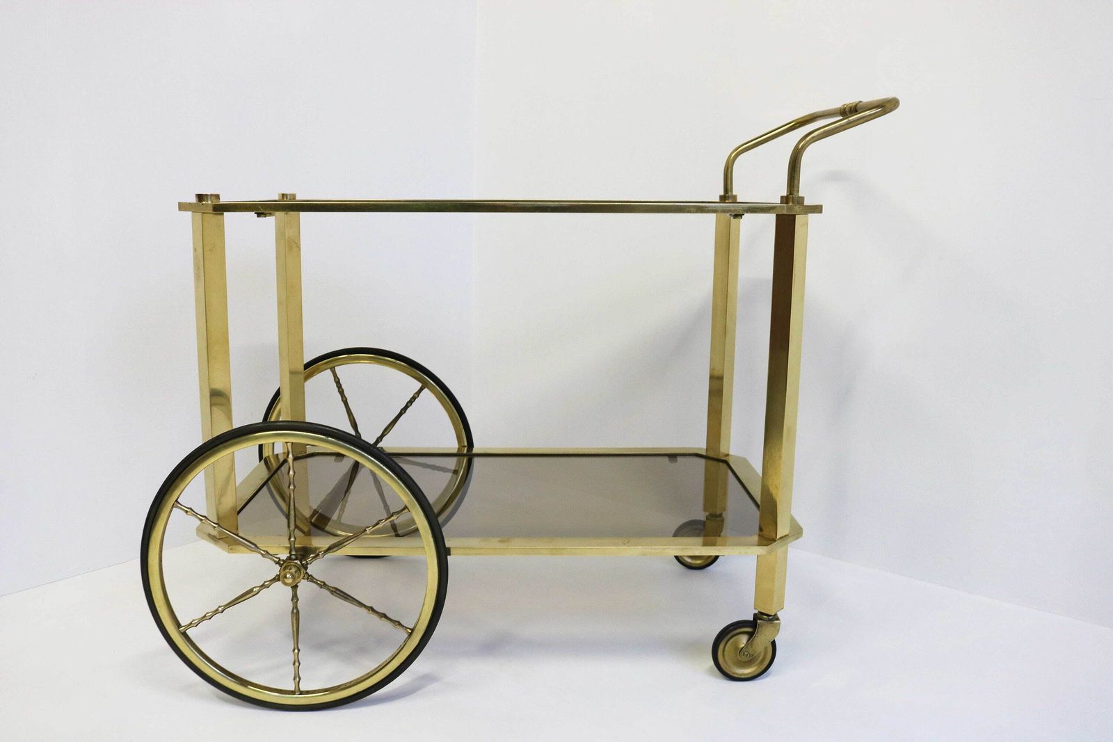 Hollywood Regency Serving Trolley Vintage Bar Cart Cocktail Entertainment Beverages Tea Cart Mid Century Brass Side Table Smoked Glass 1960 photo 894.0
