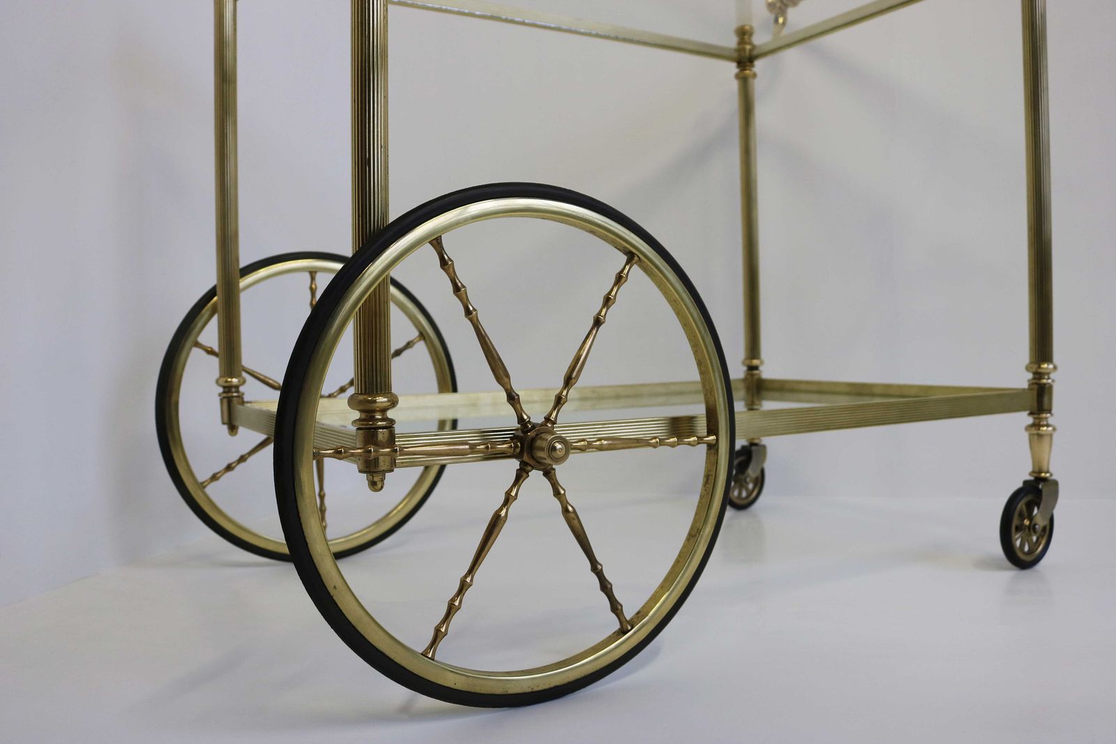 Mid Century Bar Cart Brass Serving Trolley Cocktail Entertainment Beverages Tea Cart Clear Glass Hollywood Regency 1960s photo Furniture