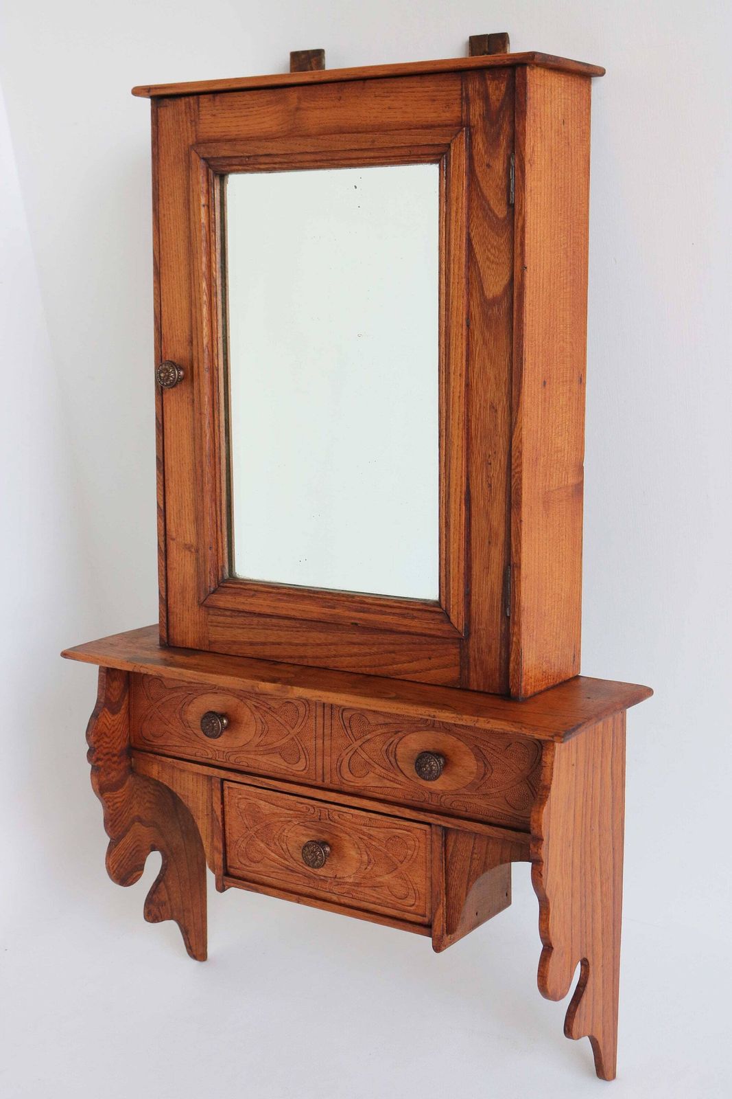 Antique Art Nouveau Wooden Medicine Bathroom Kitchen Cabinet Beveled Mirror Small Wall Cabinet Apothecary Drawer Cabinet 1900  1910 photo vinterior