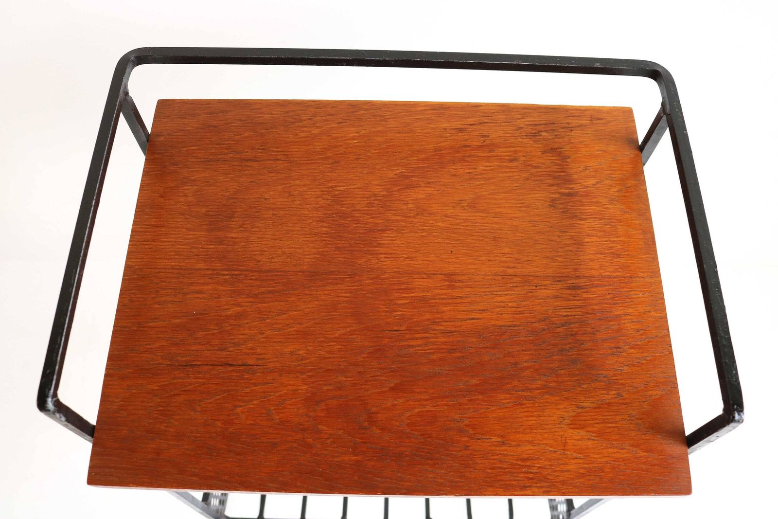 High Midcentury Modern Minimalistic Teak Black Iron Magazine Rack/Table Newspaper Stand Side Table 1960 Design Authentic photo vinterior