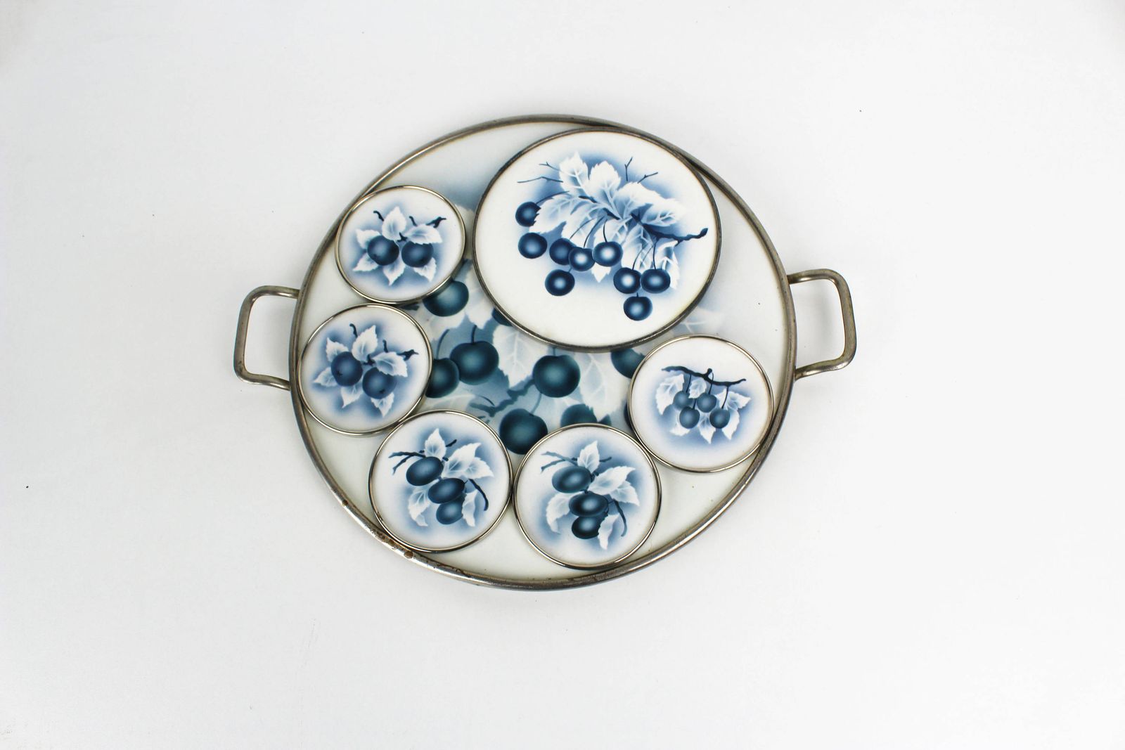Antique Pottery Transferware Serving Tray Set Cake Platter And Coasters Grapes Delft Blue 1910 1920 photo furniture