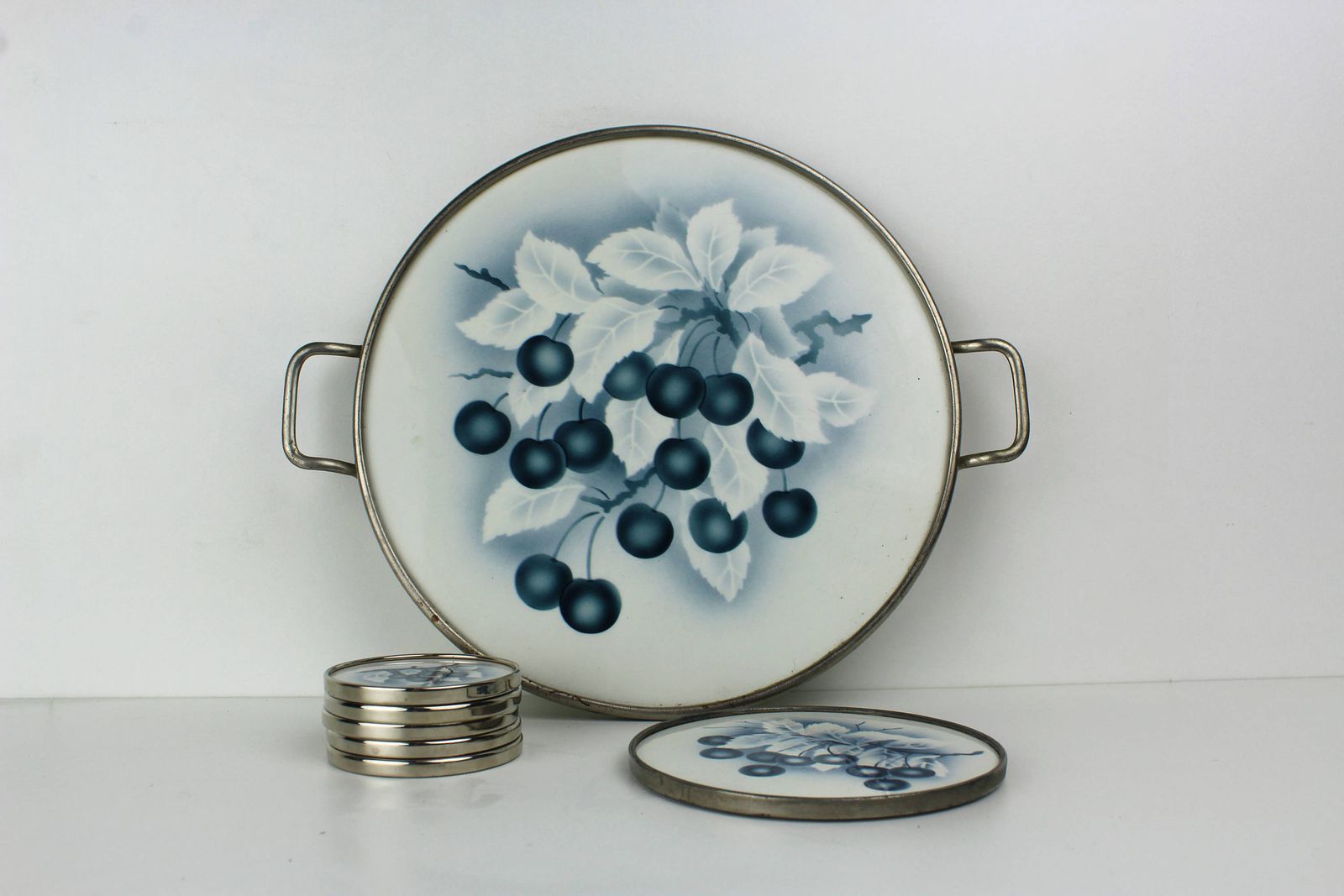Antique Pottery Transferware Serving Tray Set Cake Platter And Coasters Grapes Delft Blue 1910 1920 photo vinterior
