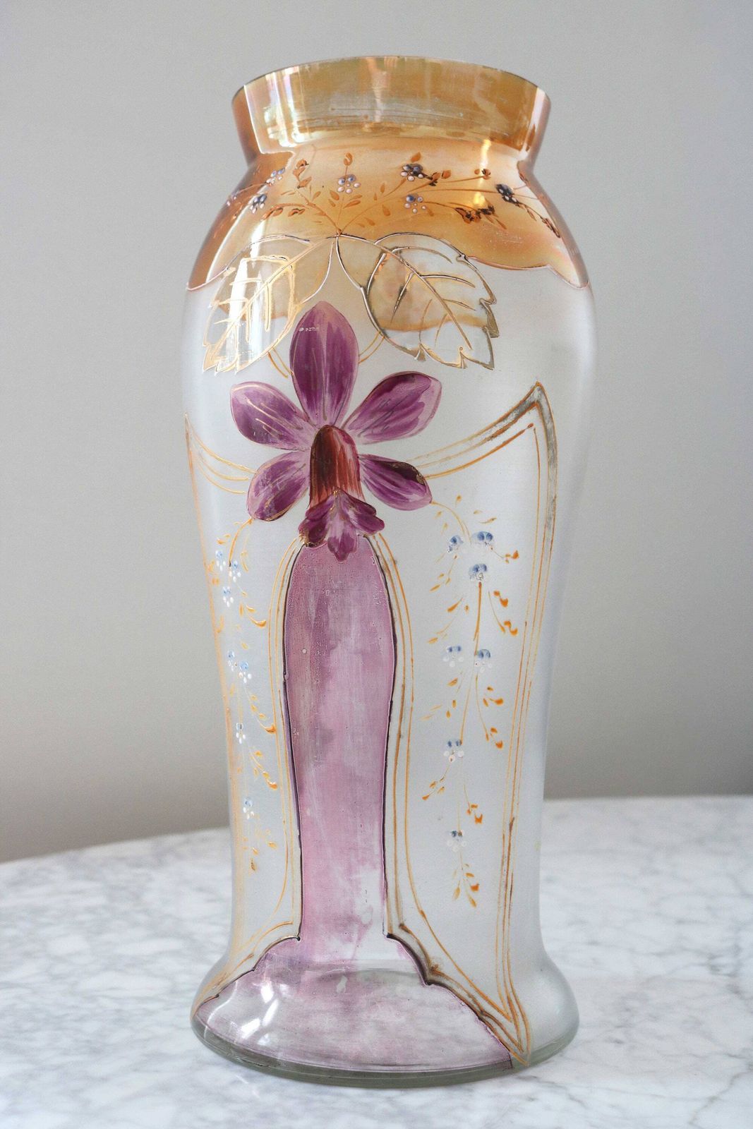Antique Hand Blown Vases Ornamental Glass Enamel Paintings Gold Painted Decorative Vase Art Nouveau Jugendstill 1910 1920 photo for sale