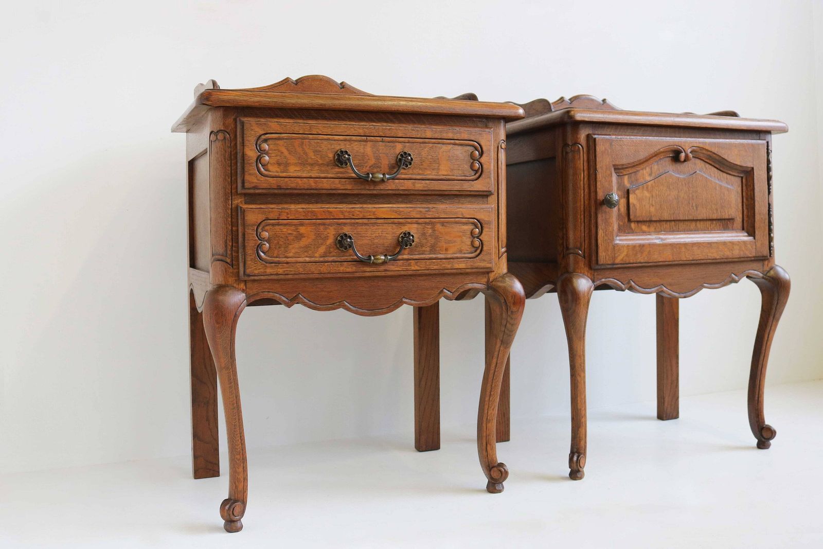Couple Louis XV Style Bedside Tables Set Of 2 French Provincial Nightstands Oak Side Tables Pair Hand Carved Wooden Cabinets Midcentury 60s photo furniture