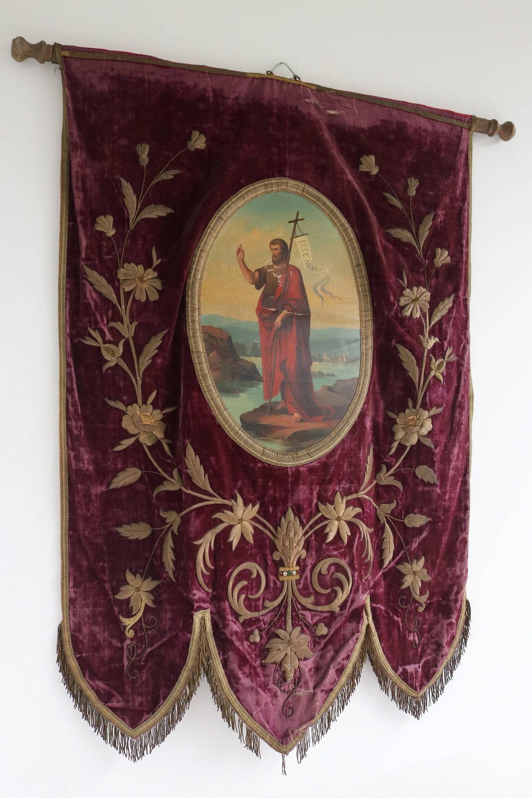 Antique Religious Hand Embroidered Fabric Church Banner Of Saint John The Baptist ‘Ecce Agnus Dei’ Old Procession Altar Victorian Flag 1800s photo Textiles