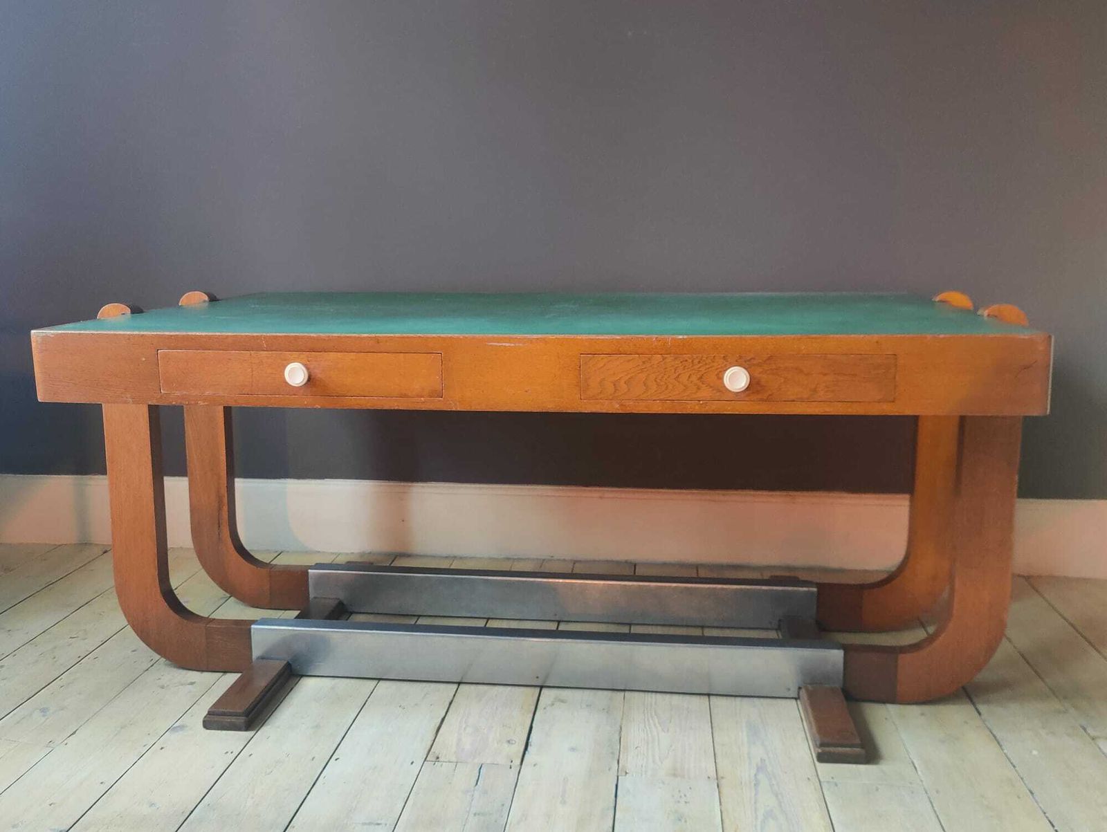 Art Deco Mid Century Desk, Oak And Green Vinyl, Unusual And Elegant