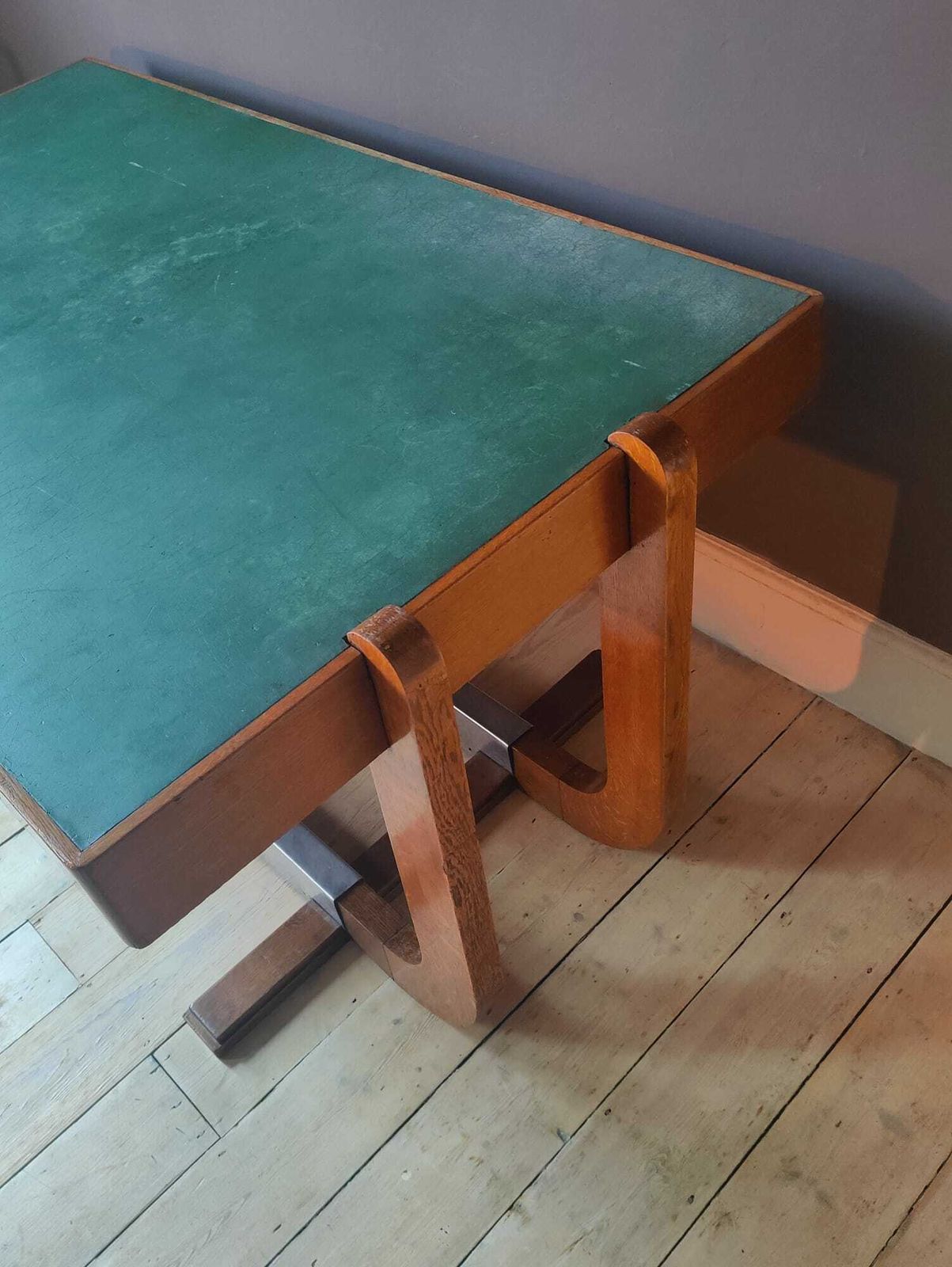 Art Deco Mid Century Desk, Oak And Green Vinyl, Unusual And Elegant photo furniture