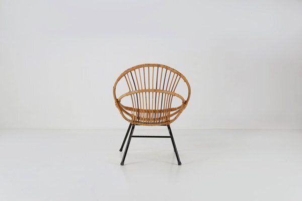 Mid Century Rattan Childrens Lounge Chair, The Netherlands, 1960s photo vinterior