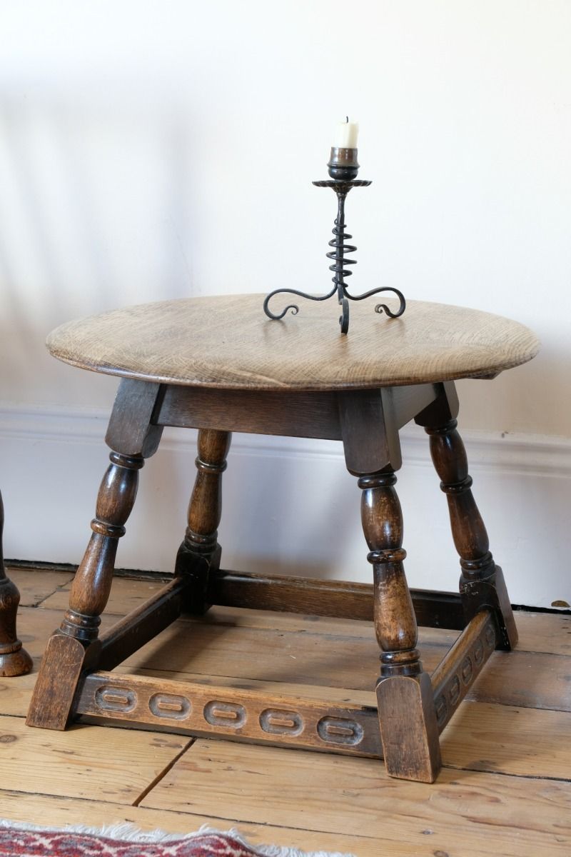 Oak Carved Low Round Table By Priory Circa 1950s photo buy