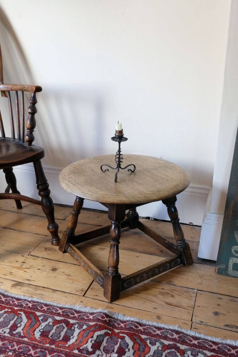 photo vintage Oak Carved Low Round Table By Priory Circa 1950s