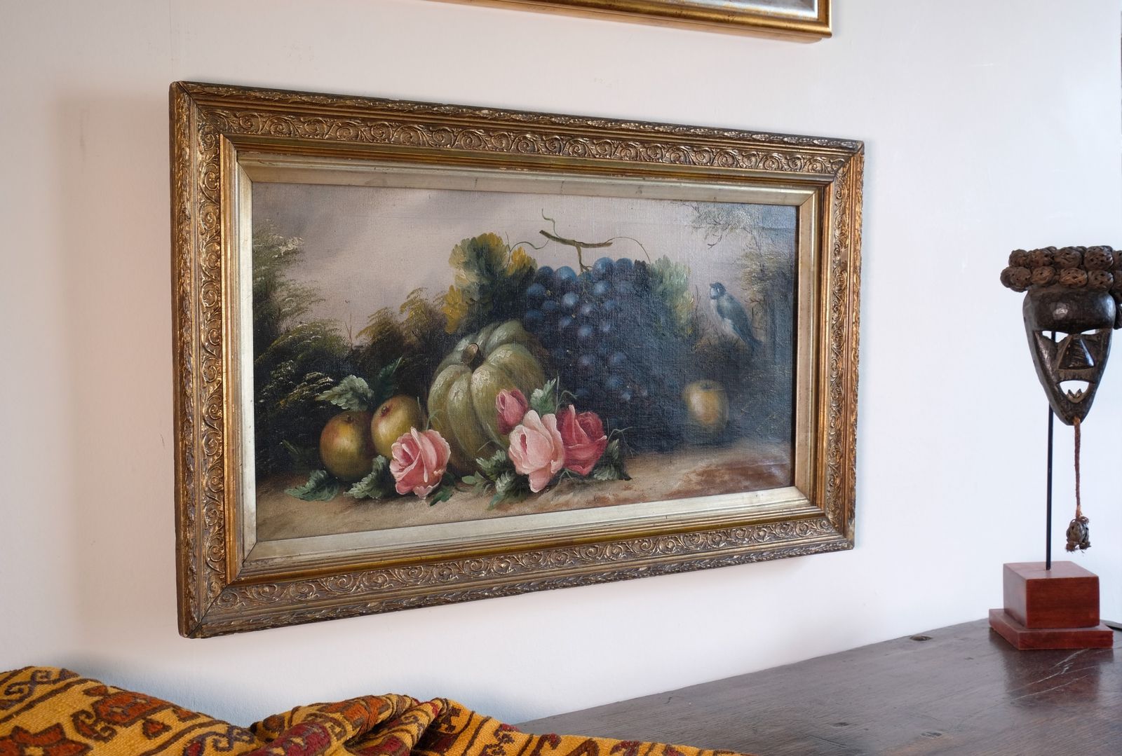 Still Life Oil Painting Of Fruit Flowers And A Blue Tit   Circa 1880s photo buy