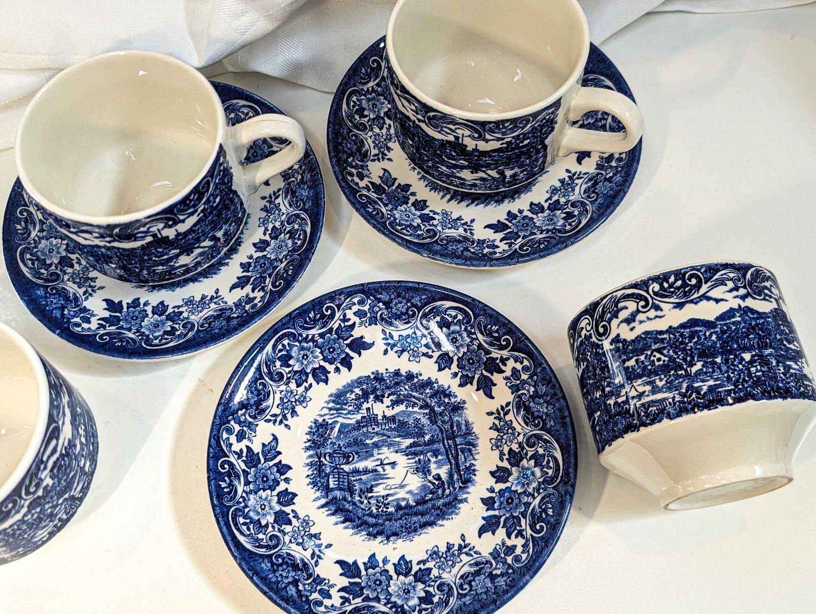 James Broadhurst Blue Transferware Ironstone Set Of 5 Tea Cups & Saucer Est. 1847. Made In England Blue And White, Country Cottage Core Chic photo Home Decor