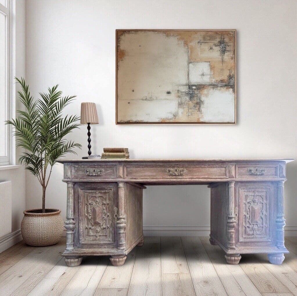Antique Ornate Dutch Oak Lime Waxed Pedestal Kneehole Desk