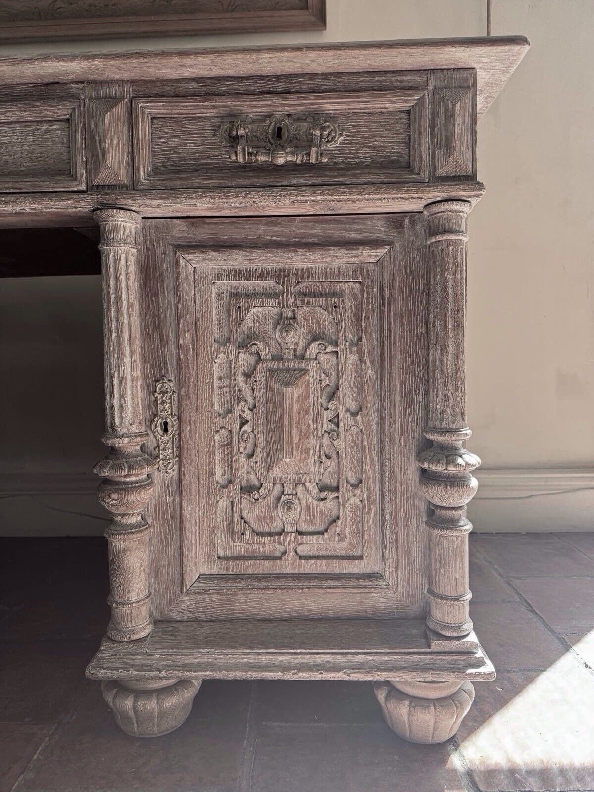 Antique Ornate Dutch Oak Lime Waxed Pedestal Kneehole Desk photo Furniture