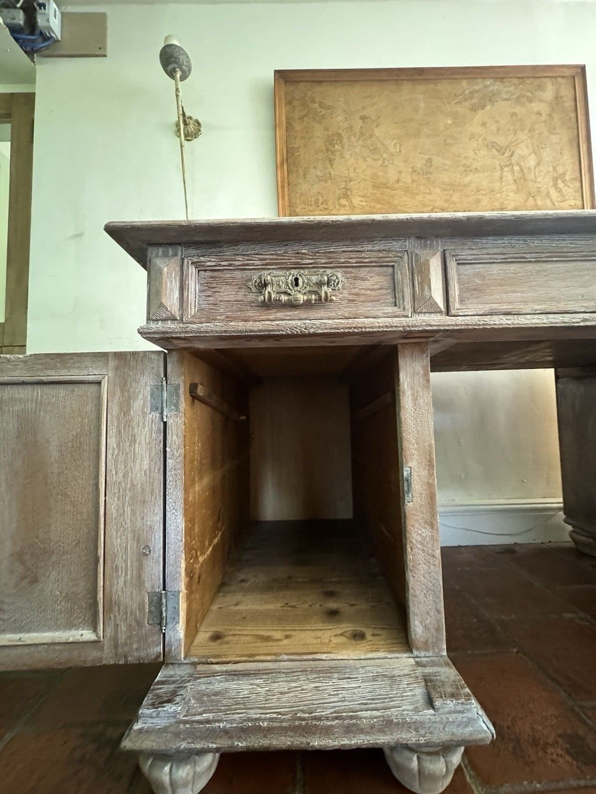 photo furniture Antique Ornate Dutch Oak Lime Waxed Pedestal Kneehole Desk
