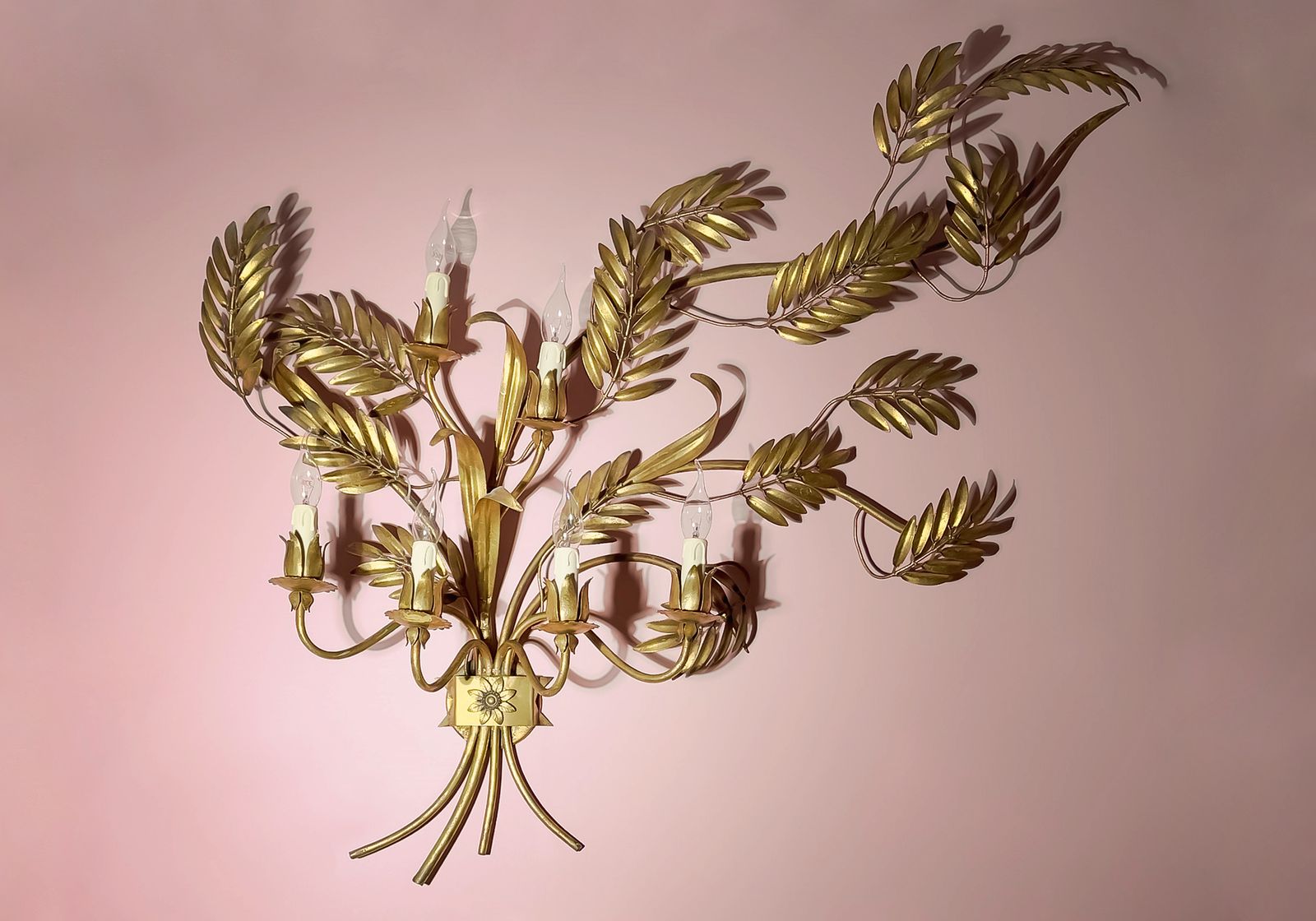 Hollywood Regency Toleware Wall Sconce Gold Metal Wheatsheaf C.1960s Italy