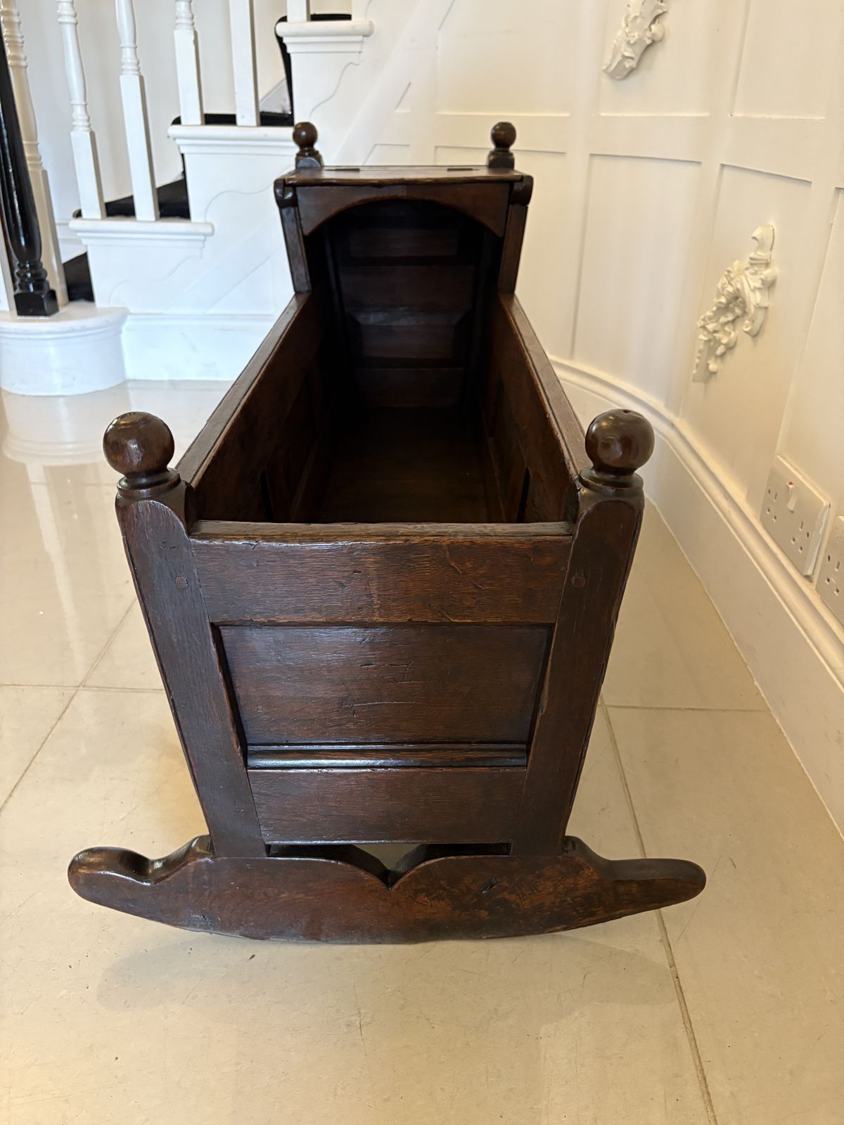 Antique William And Mary Quality Oak Panelled Rocking Crib photo vinterior