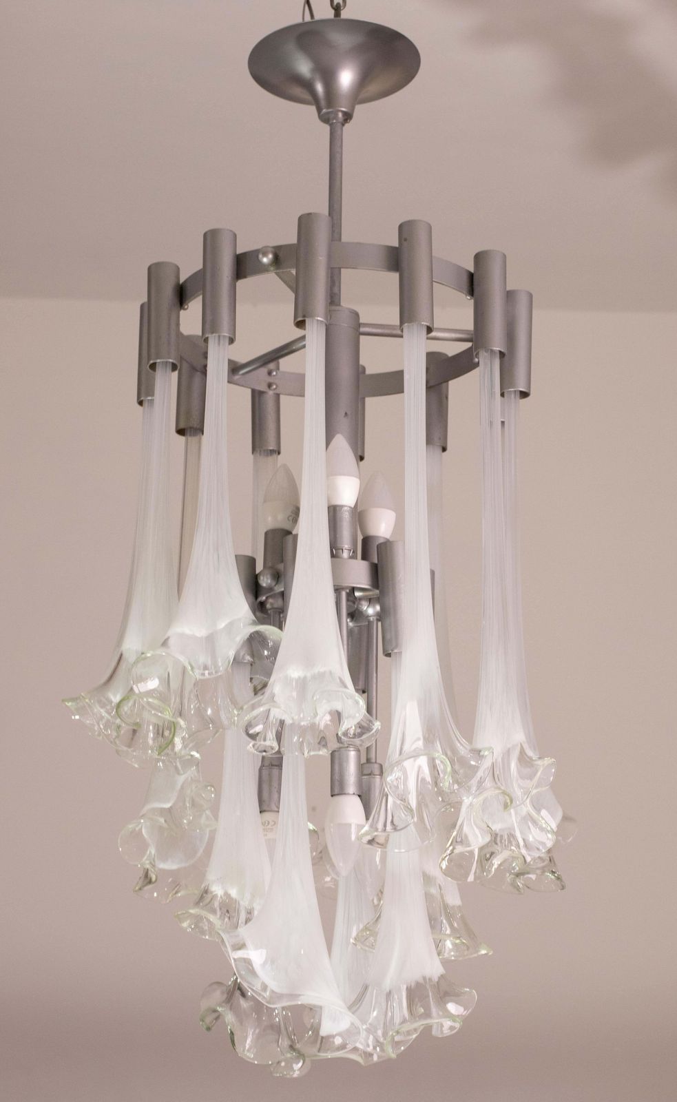 Lighting Great Design Murano Glass White Chandelier “Calle” By Venini, 1970 photo