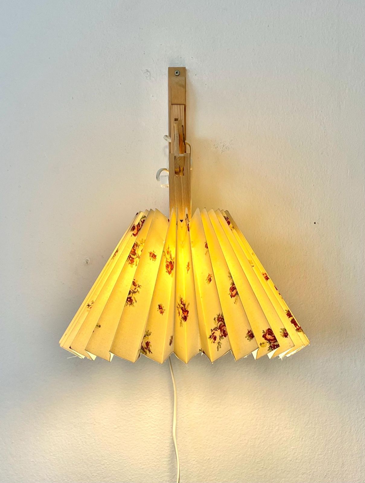Mid Century Modern Vintage Scissor Wall Lamp From Denmark In Wood With Flower Pattern Cream Vintage Pleated Fabric Shade photo Lighting