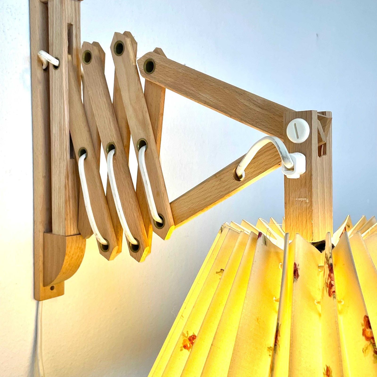 Mid Century Modern Vintage Scissor Wall Lamp From Denmark In Wood With Flower Pattern Cream Vintage Pleated Fabric Shade photo 217.0